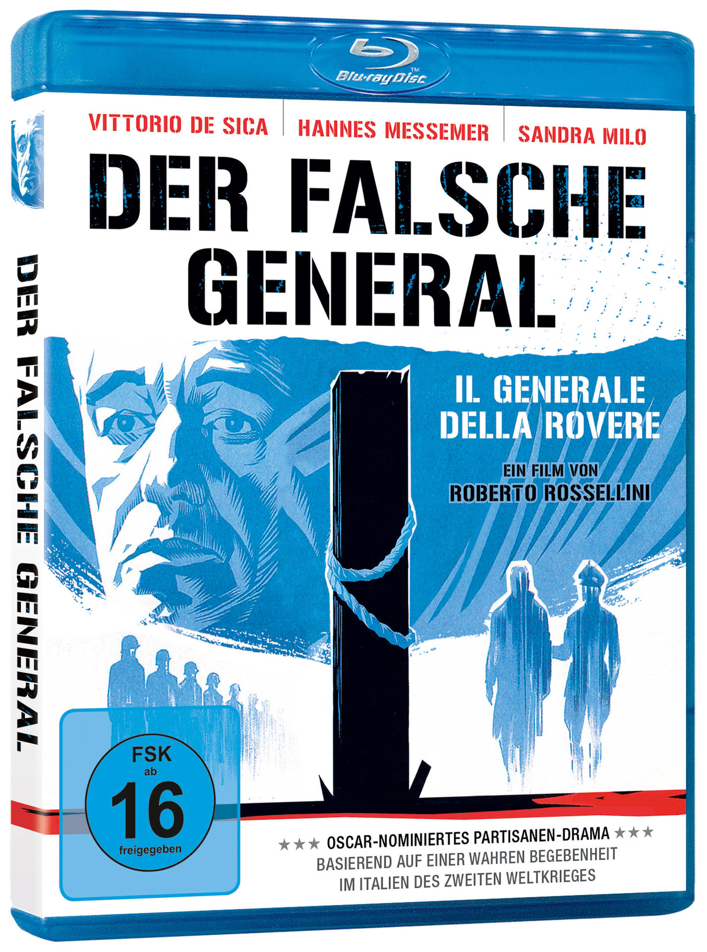 Blu-ray-Disc von 'Der Falsche General'. Zeigt Filmtitel und Artwork in Blau und Weiß.
