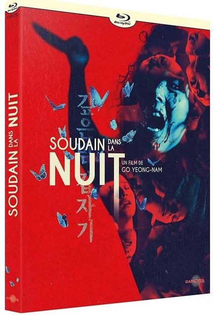 Couverture DVD du film : Soudain dans la nuit. Visage de femme avec des papillons et fond rouge.
