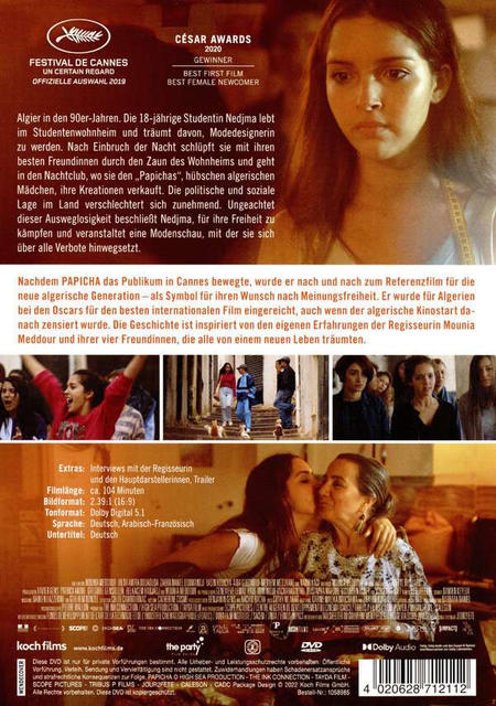 DVD-Cover des Films 'Papicha' mit Filmstills und Text.