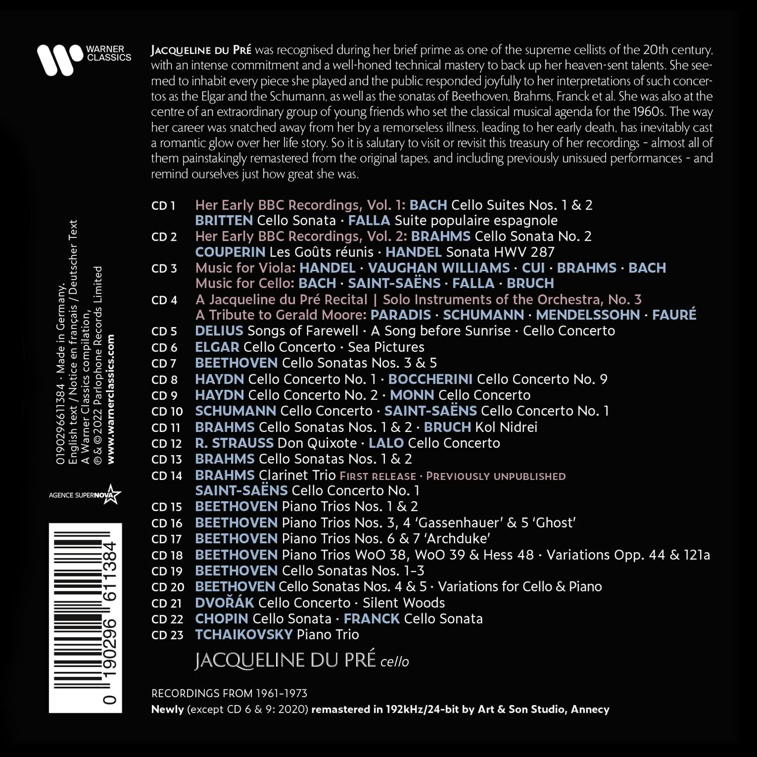 Textgefüllte Seite mit CD-Titeln von Jacqueline Du Pré Cello-Aufnahmen.