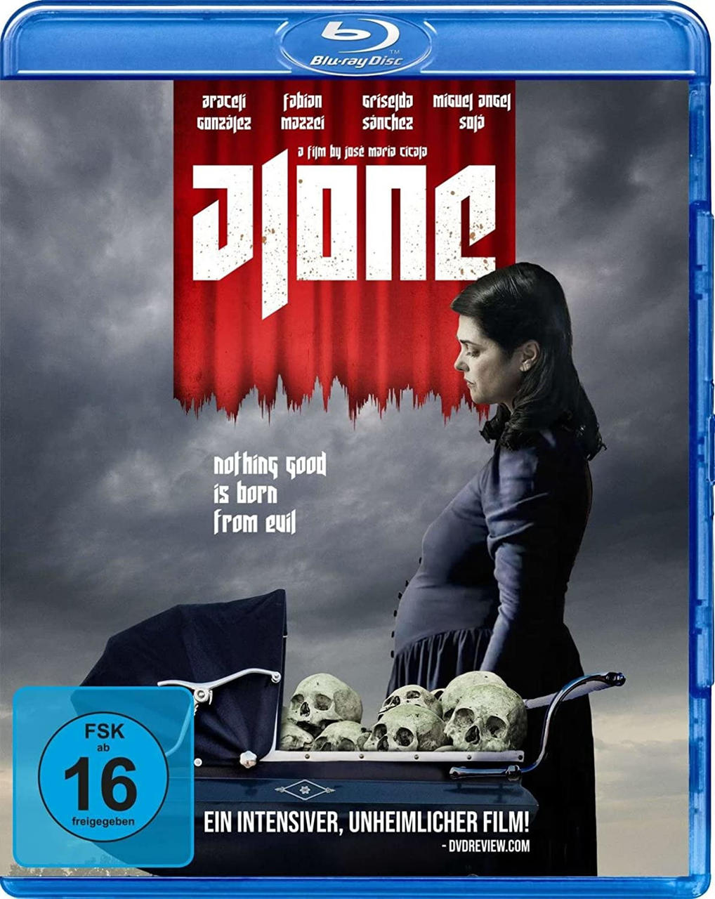 Alone Blu-ray-Cover, eine schwangere Frau mit Totenköpfen und einem Kinderwagen.