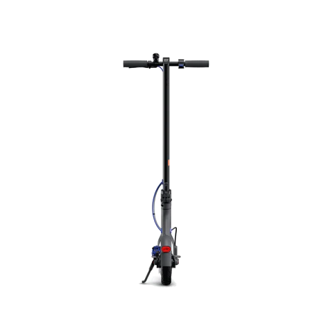 Siyah ve gri bir elektrikli scooter, beyaz bir zeminde önden görünüyor.