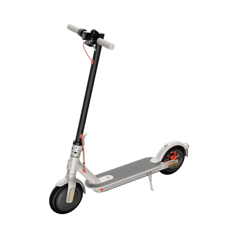 Beyaz arka plan üzerinde beyaz elektrikli scooter, yan görünüm.