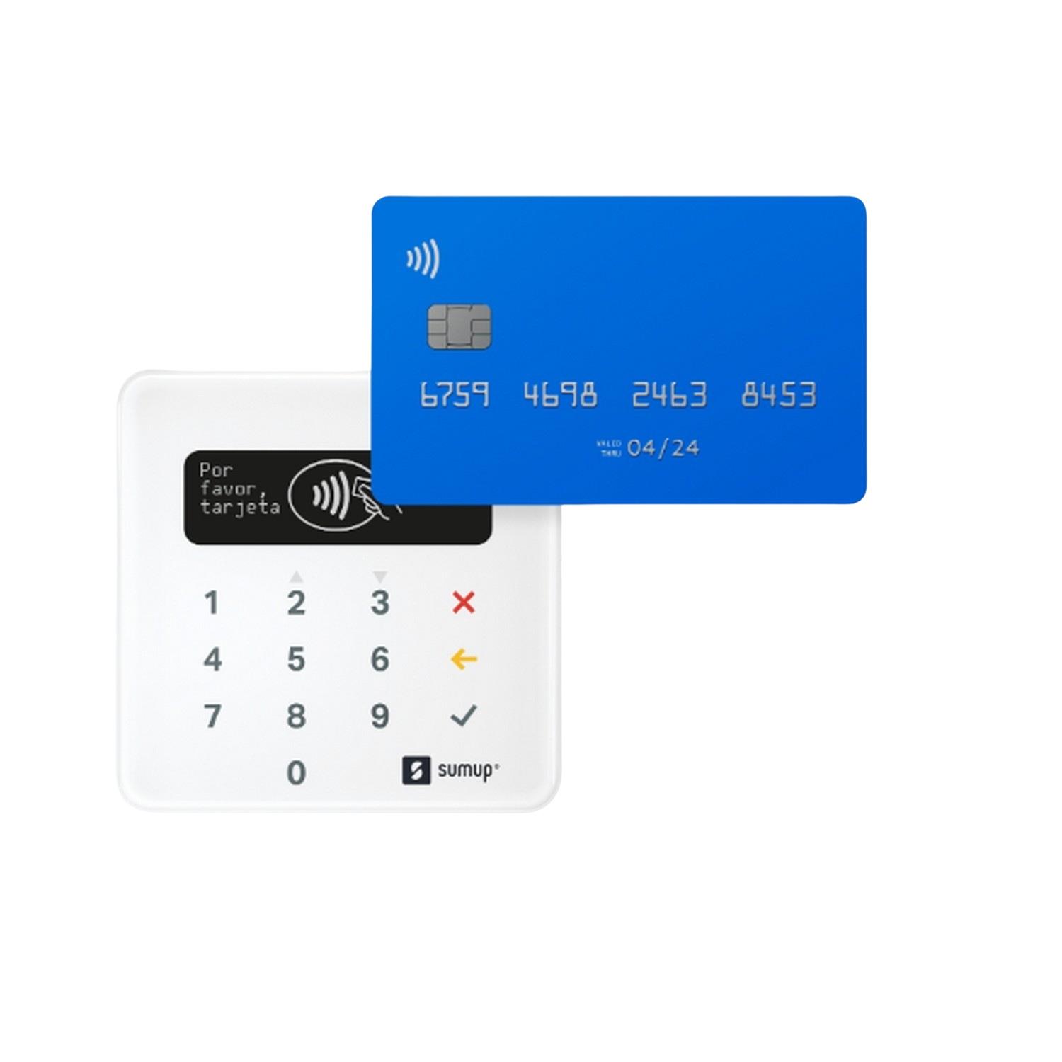 Un lector de tarjetas SumUp blanco con una tarjeta de crédito azul encima. Números y símbolos en ambos.