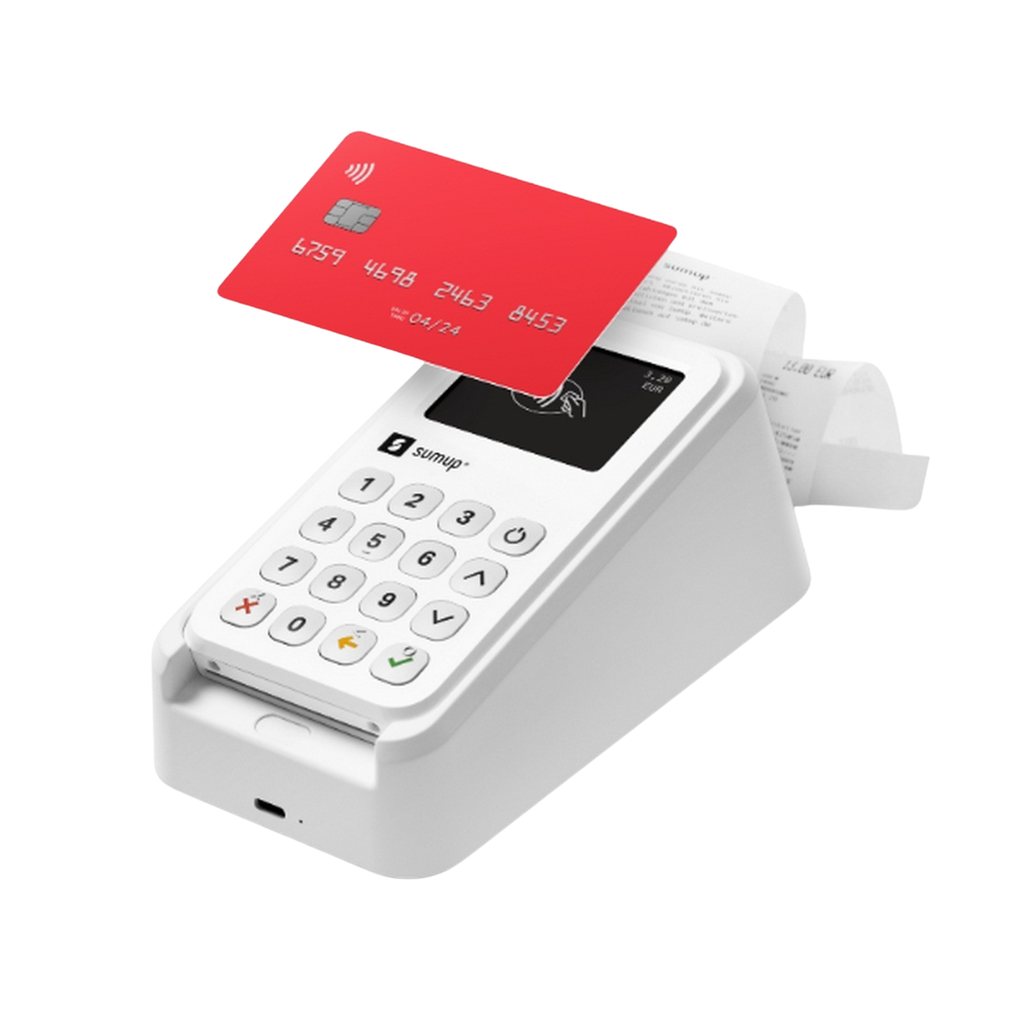 Terminal de pago blanco con tarjeta roja y recibo, sobre fondo negro.