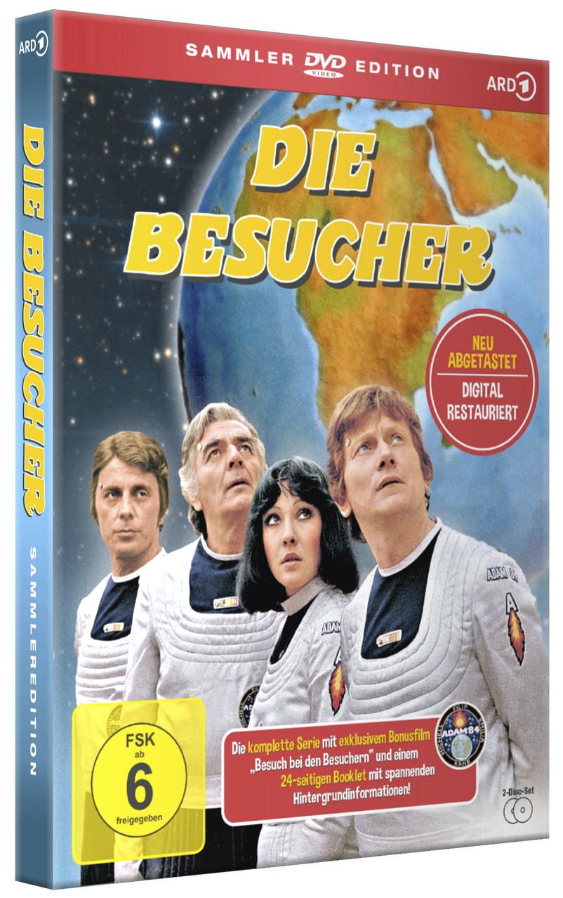 DVD-Cover von 'Die Besucher' mit vier Personen in Raumanzügen.