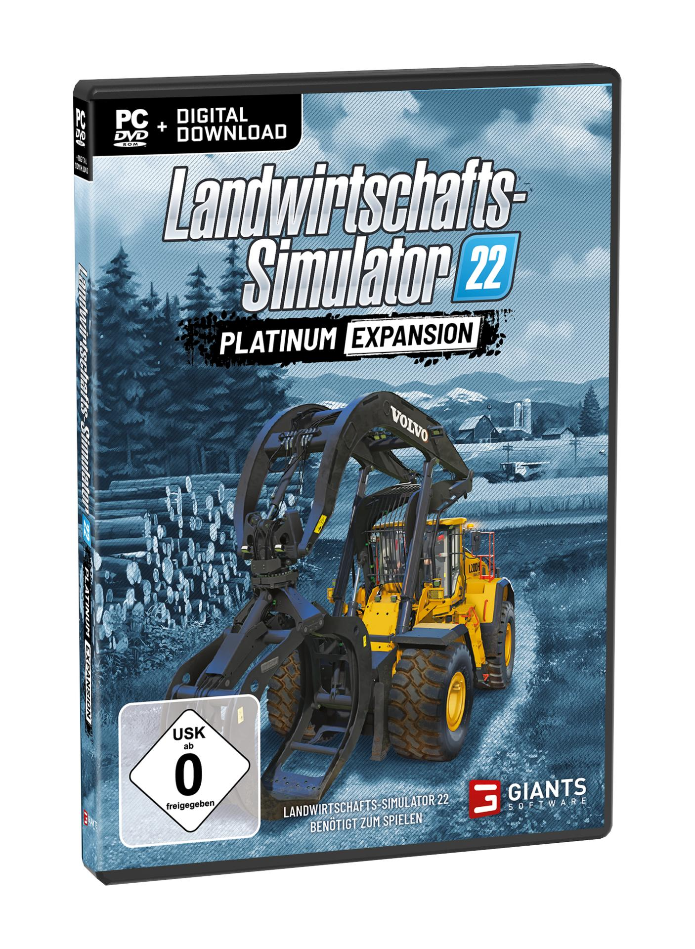 Spielbox für Landwirtschafts-Simulator 22, Platinum Expansion. Bild von einem gelben Traktor.