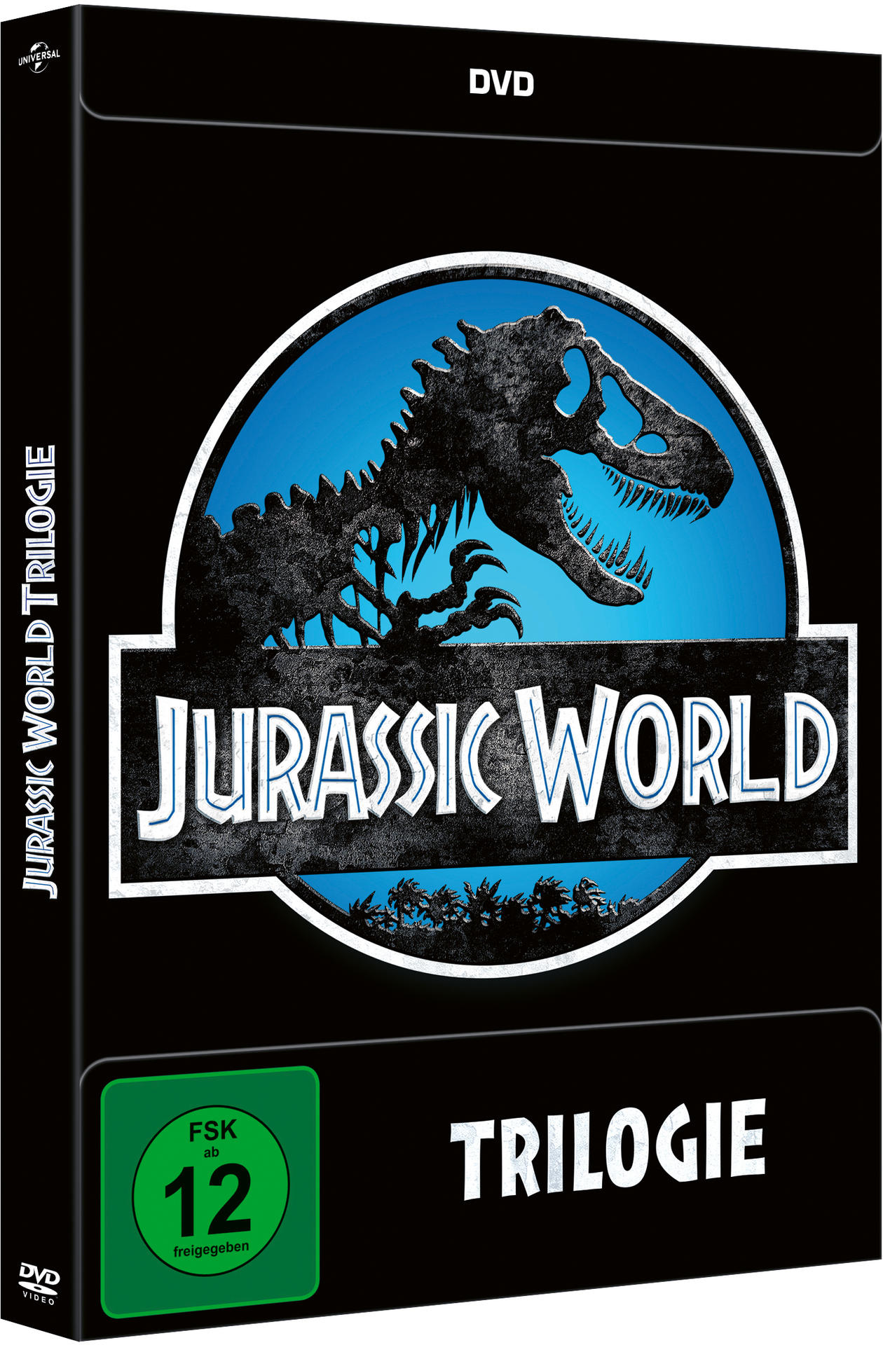 DVD-Hülle der Jurassic World Trilogie mit dem bekannten Dinosaurierskelett-Logo auf blauem und schwarzem Hintergrund.