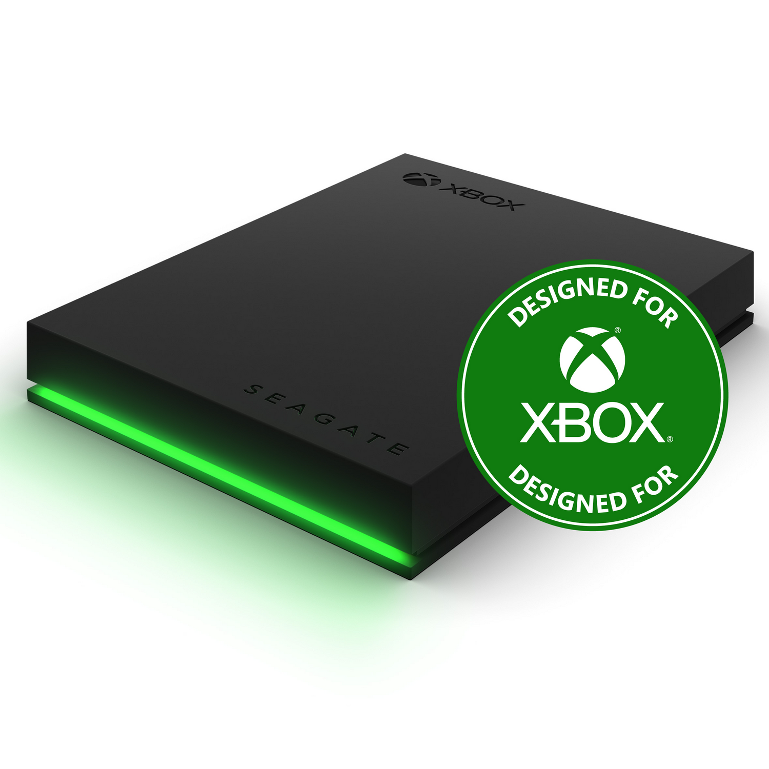 Disco duro externo Seagate Xbox negro con luz verde en la parte inferior.