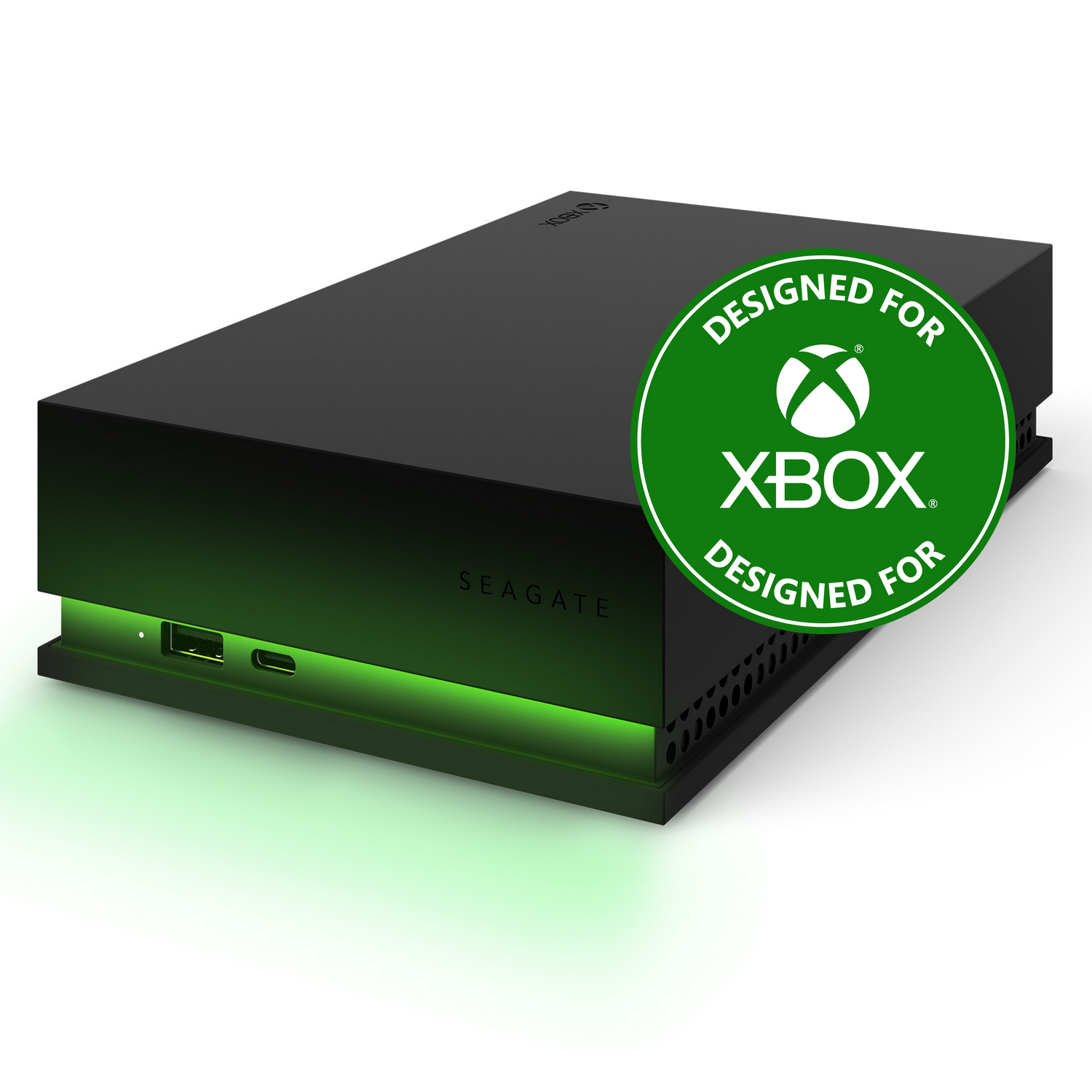 Disco duro externo Xbox negro con pegatina verde 'Diseñado para Xbox'.