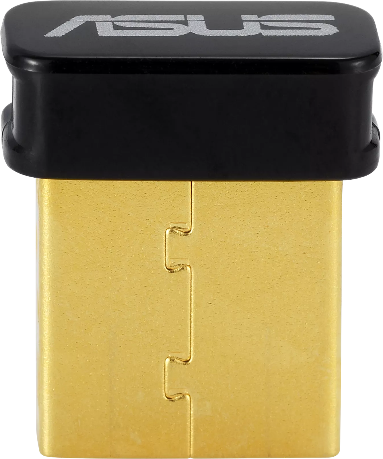 Ein goldener USB-Dongle mit schwarzem Oberteil und Asus-Logo. Es ist eine Nahaufnahme.