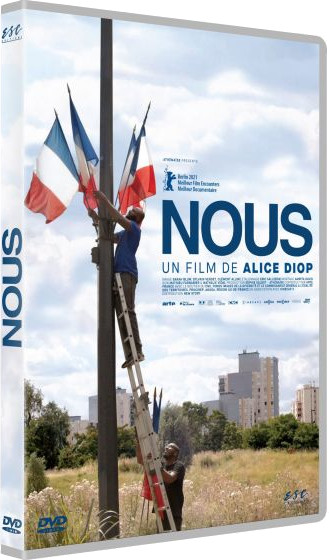 Affiche de film : Un homme sur une échelle accroche des drapeaux français sur un poteau. Titre 'Nous', jaquette DVD.