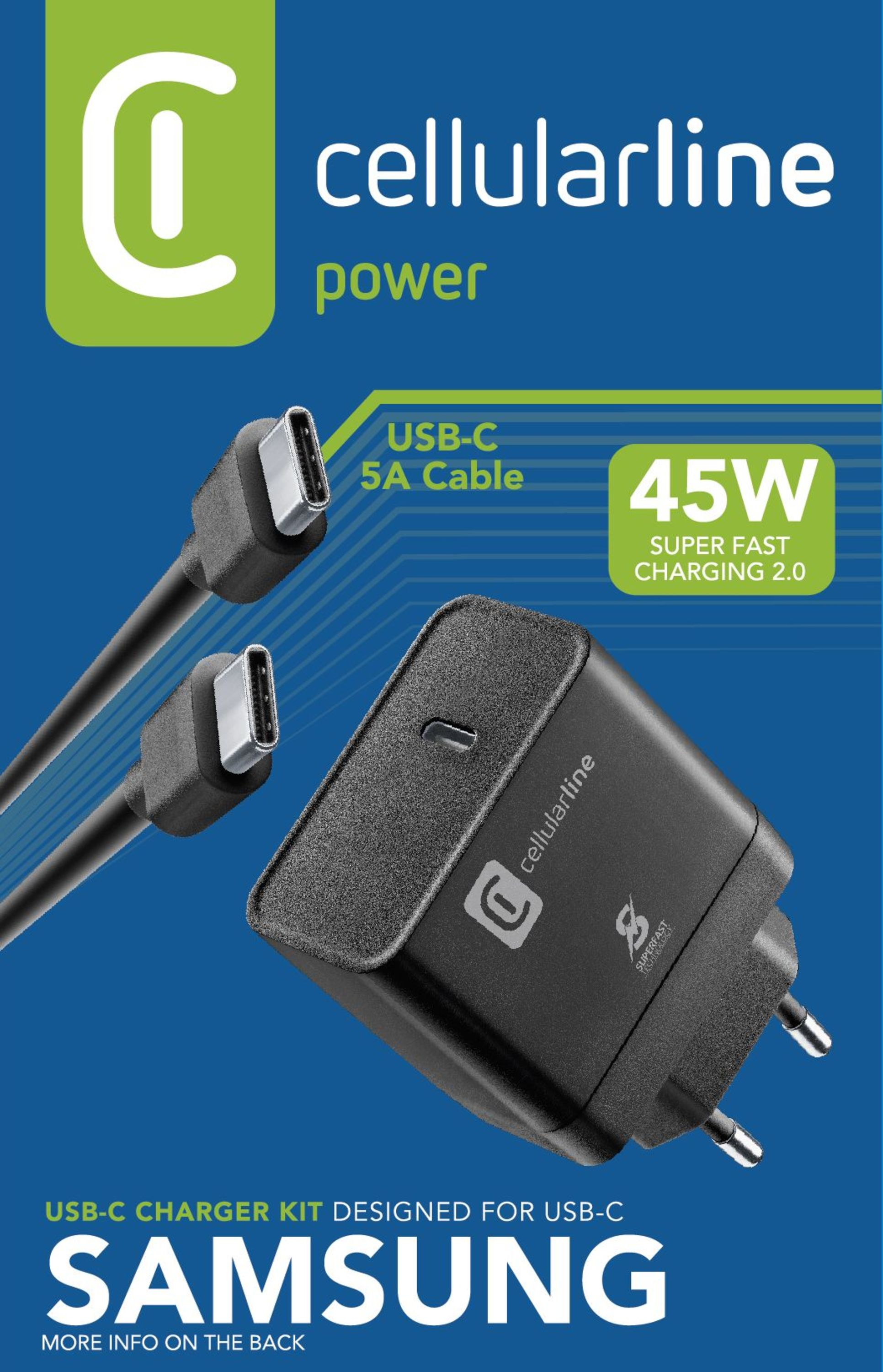 Bir şarj cihazı ve iki USB-C kablosu içeren Cellularline şarj cihazı kiti.