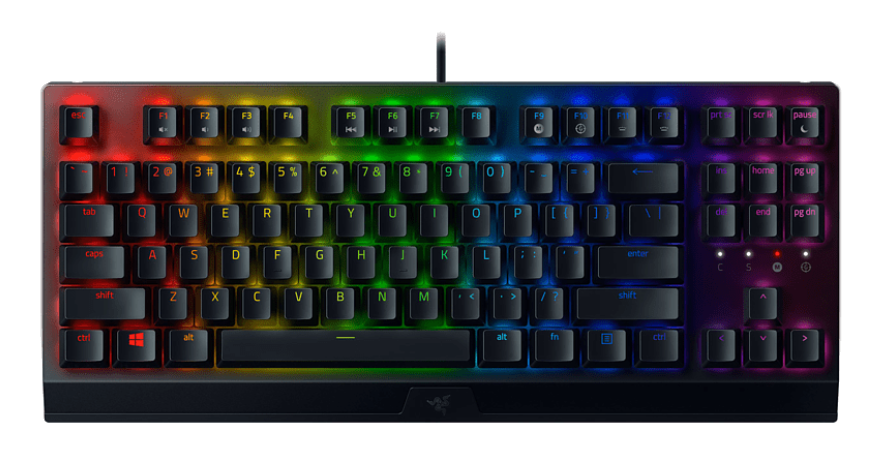 Çok renkli tuşlara sahip siyah bir Razer klavye. Tuşlar farklı renklerde yanıyor.