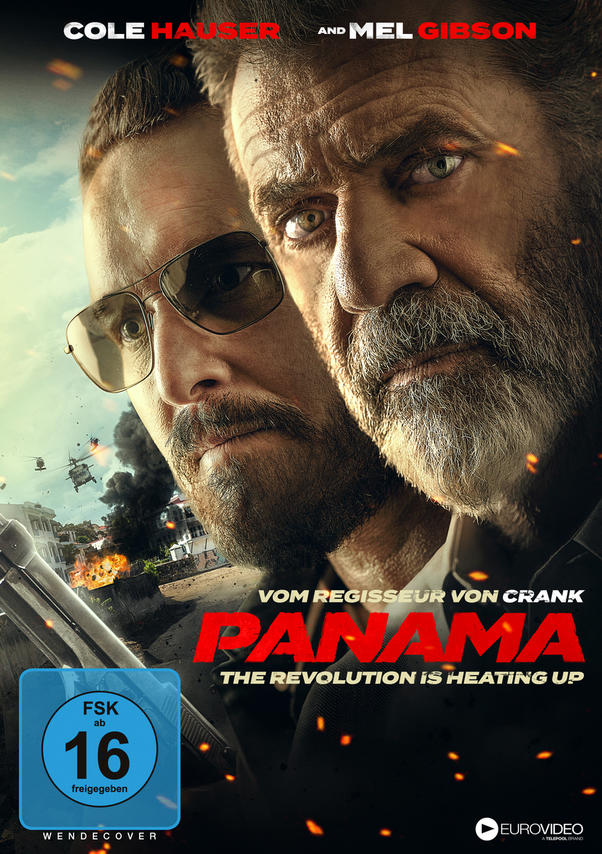 DVD-Cover mit Cole Hauser und Mel Gibson, Filmtitel 'Panama', mit Stadt und Hubschraubern.