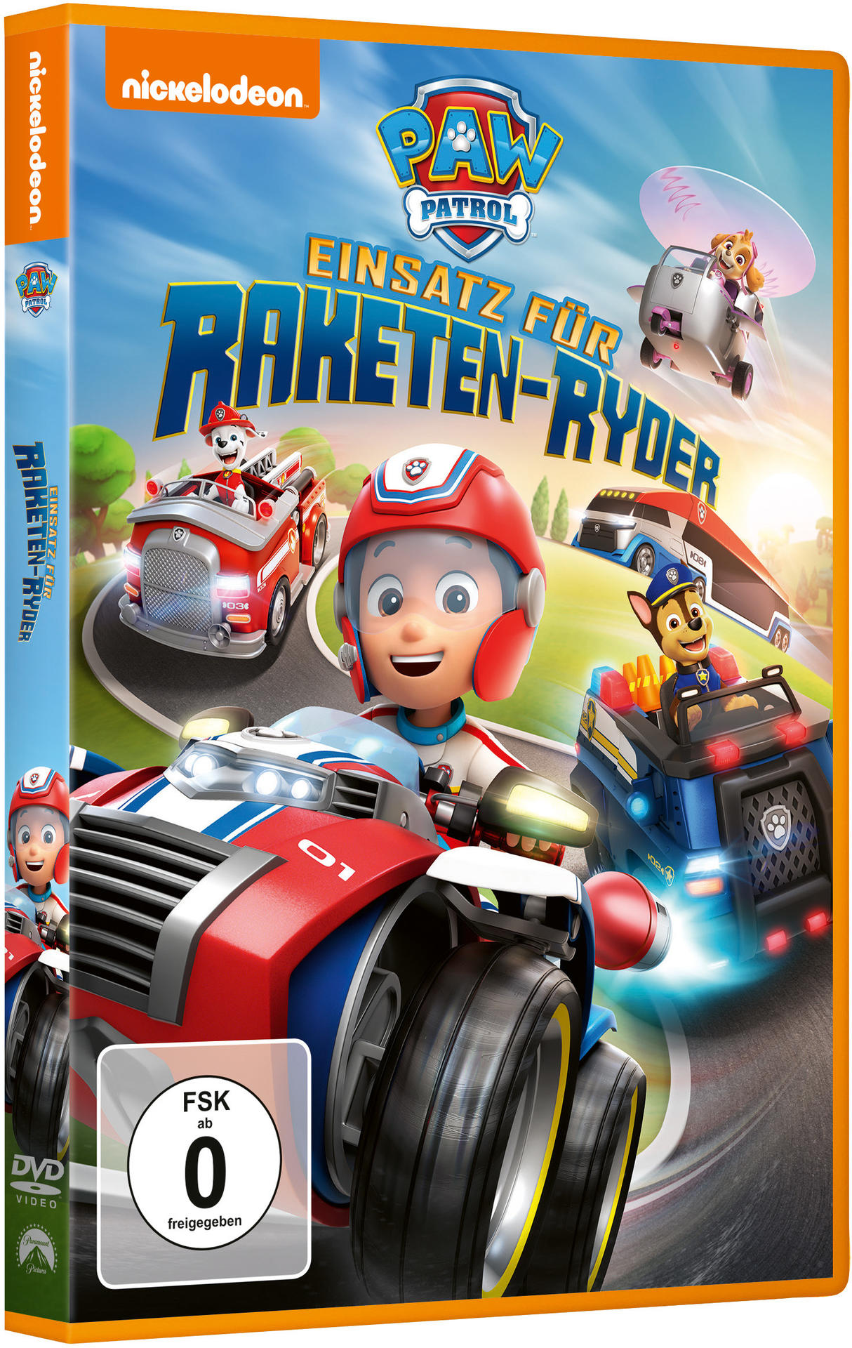 DVD-Cover von Paw Patrol, mit Charakteren und Fahrzeugen auf einer Straße.