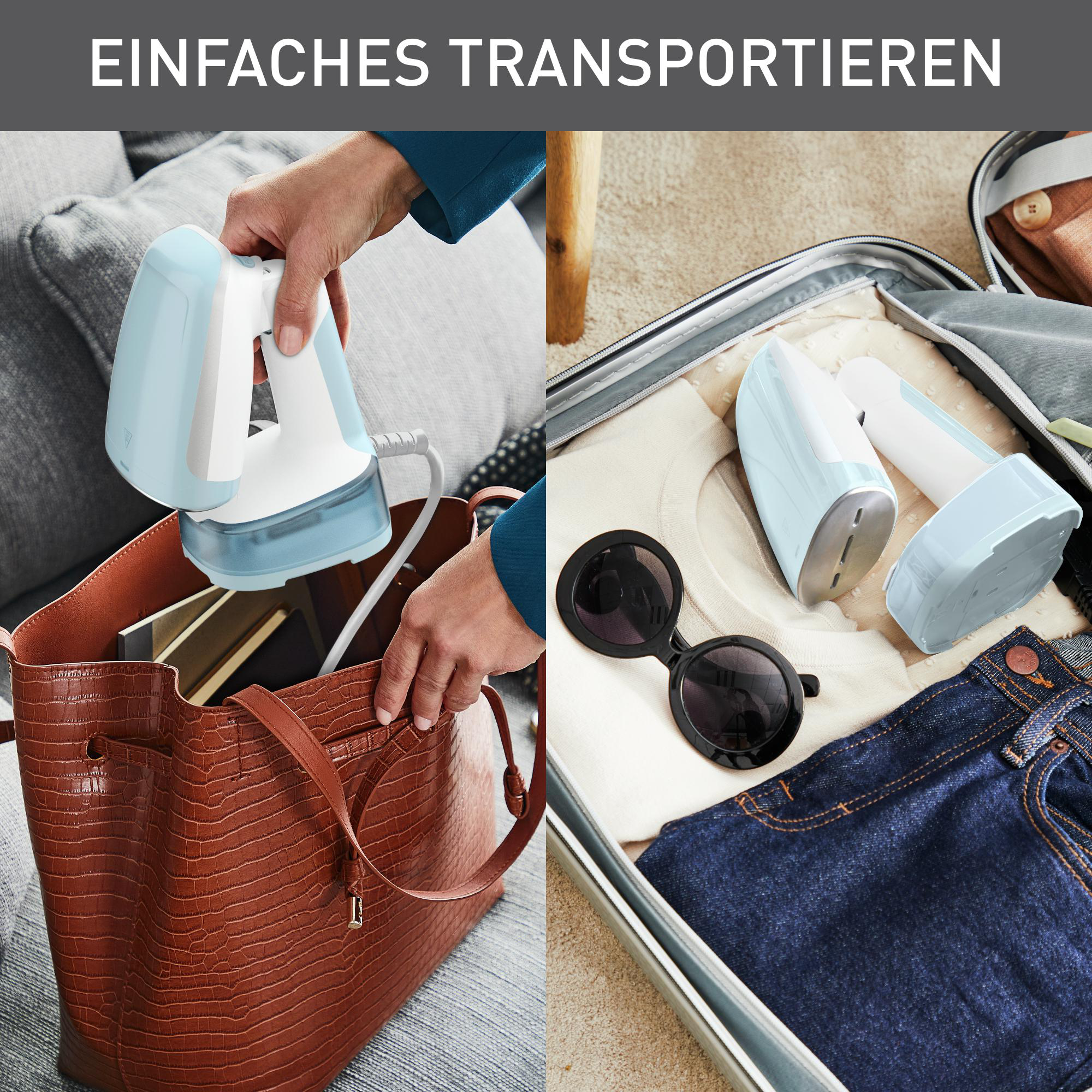 Person packt ein Reisebügeleisen in eine Tasche, mit Sonnenbrille.