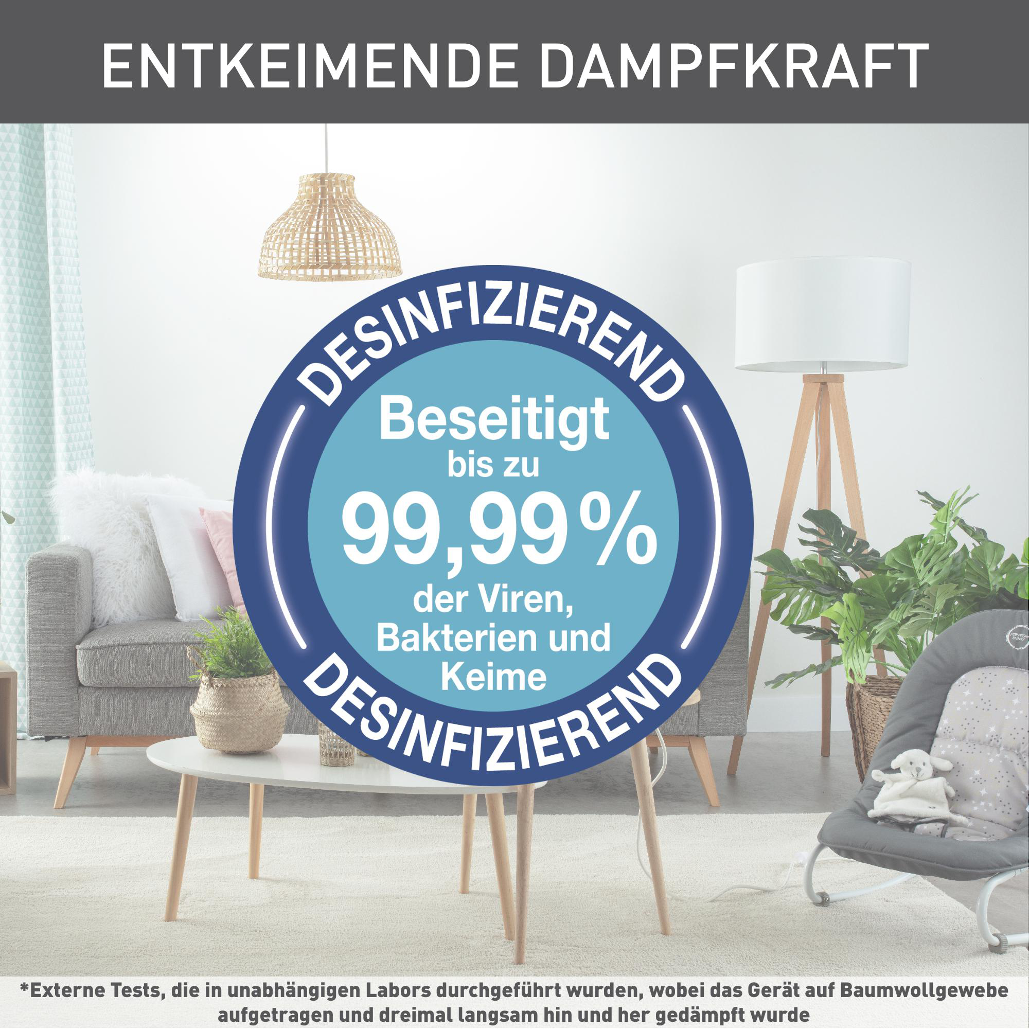 Bild mit Desinfektionsmittel-Anspruch: 99,99 % wirksam gegen Viren, Bakterien und Keime.