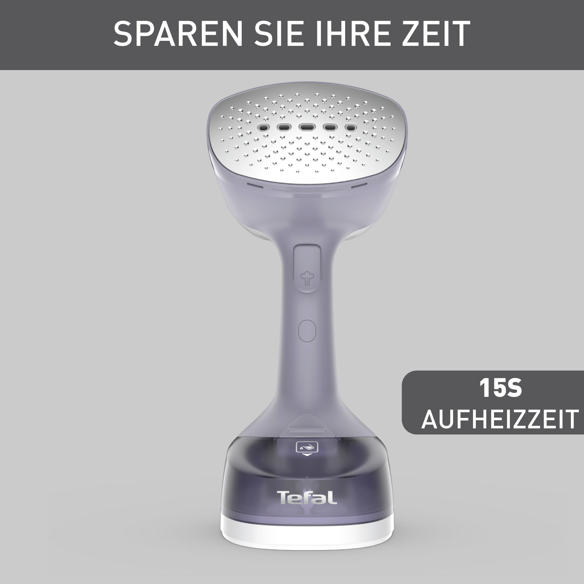 Ein Tefal Handdampfer auf grauem Hintergrund. Es hat einen lila Körper und eine weiße Basis.