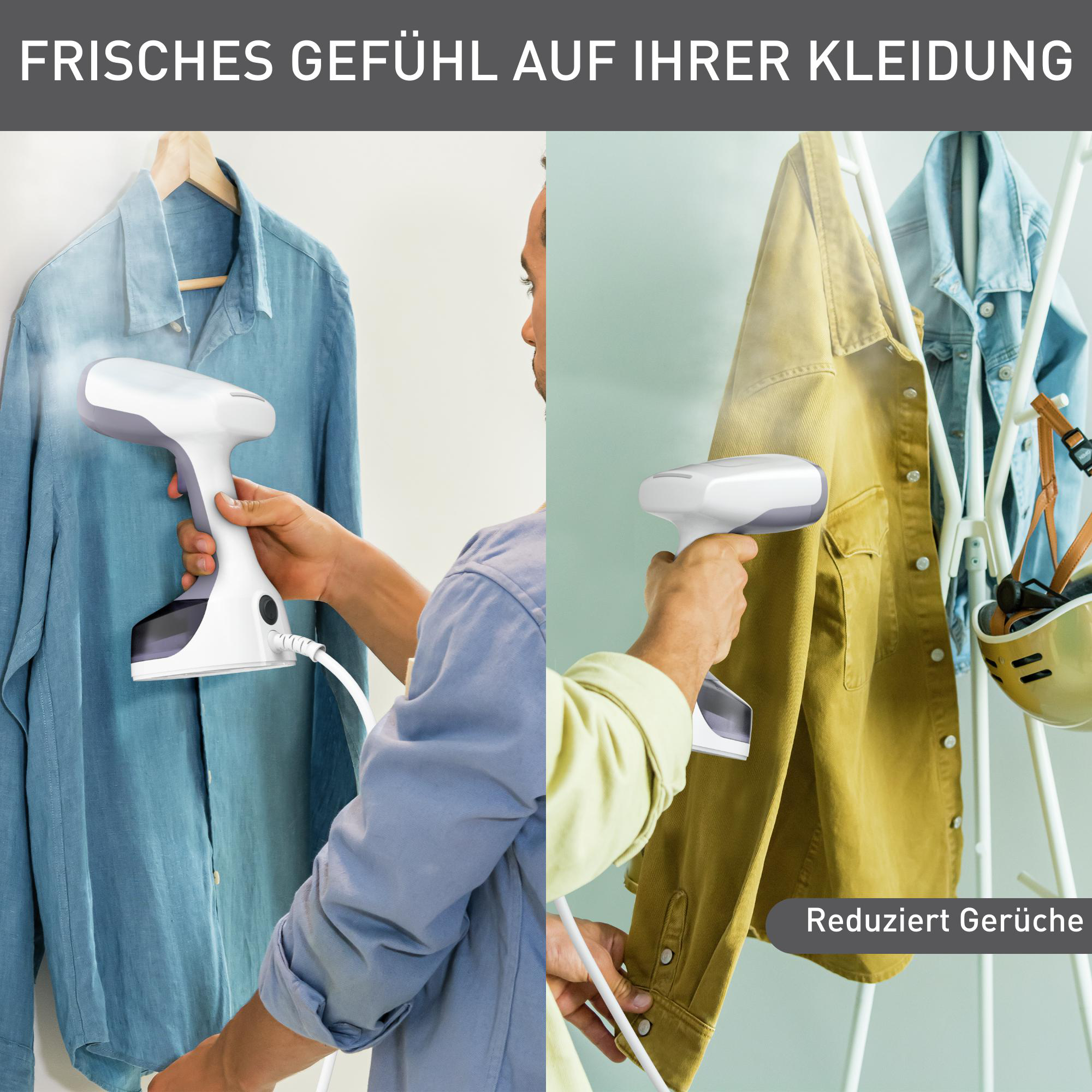 Mann benutzt einen Kleiderdampfer auf blauen und gelben Hemden auf einem Ständer.