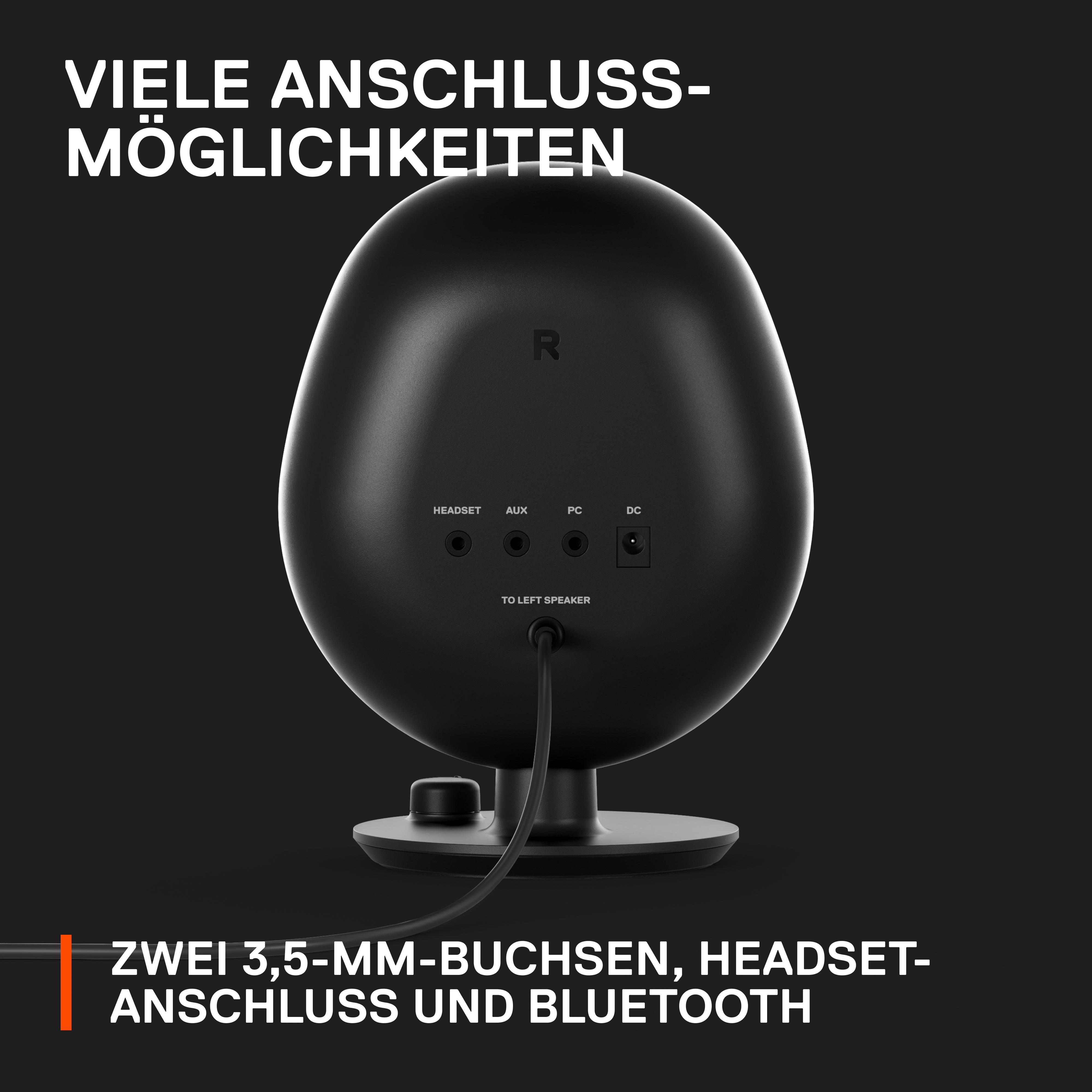 Schwarzer Lautsprecher mit verschiedenen Eingangsanschlüssen auf der Rückseite, einschließlich Headset, Aux und PC.