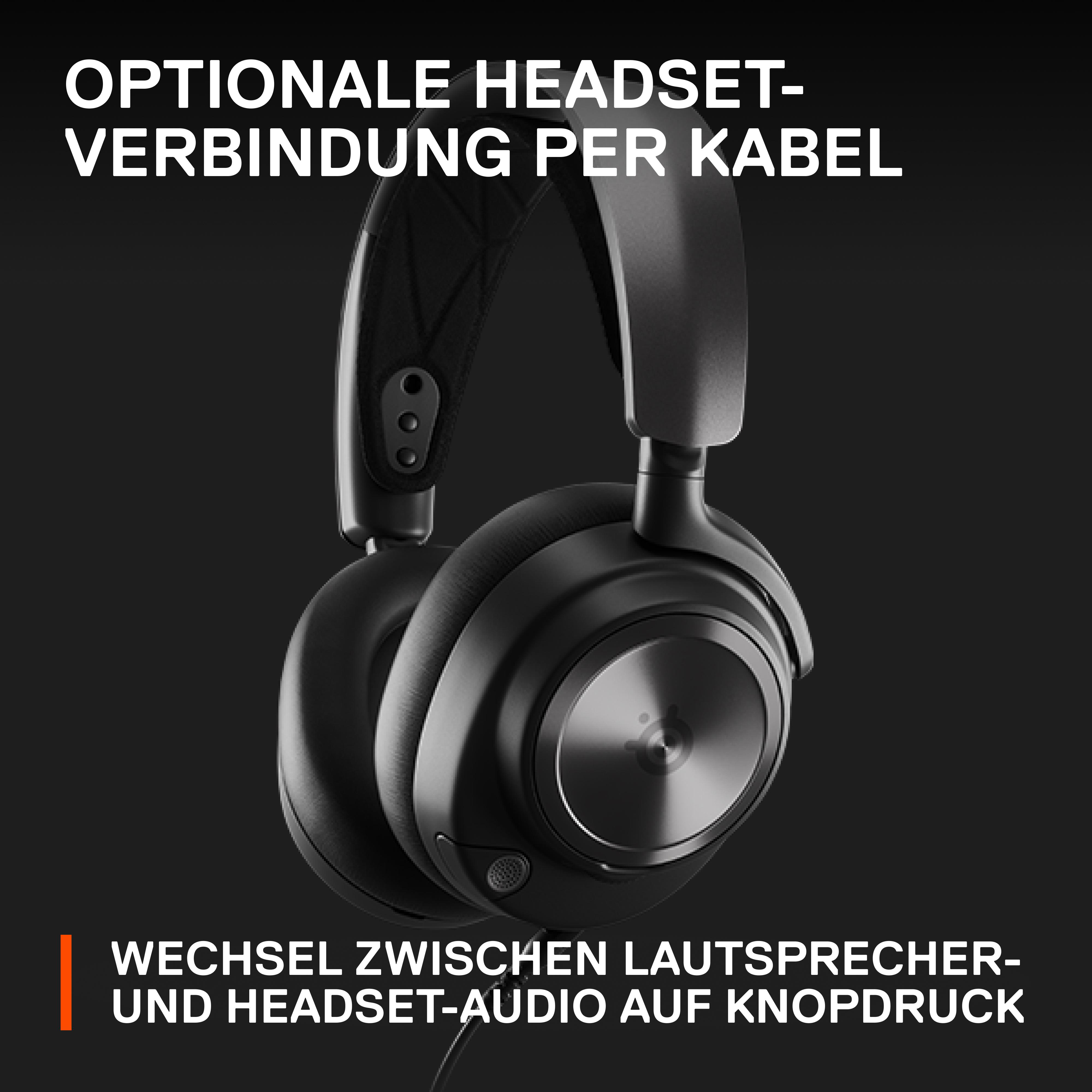 Schwarzer Kopfhörer mit Text: Optionaler Headset-Anschluss per Kabel und Wechsel zwischen Lautsprecher und Headset.