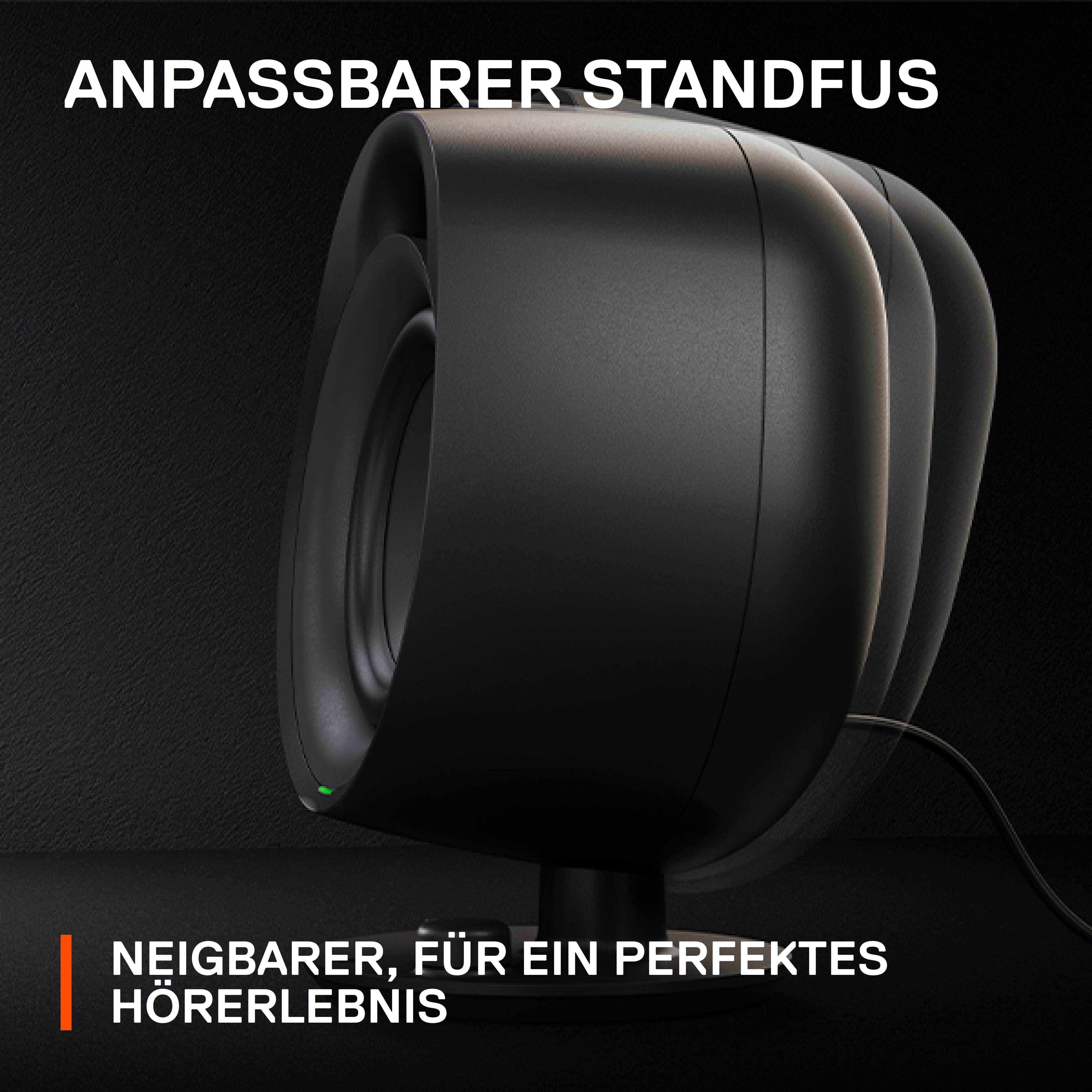 Schwarzer Lautsprecher mit verstellbarem Ständer, Nahaufnahme, zeigt das Design.