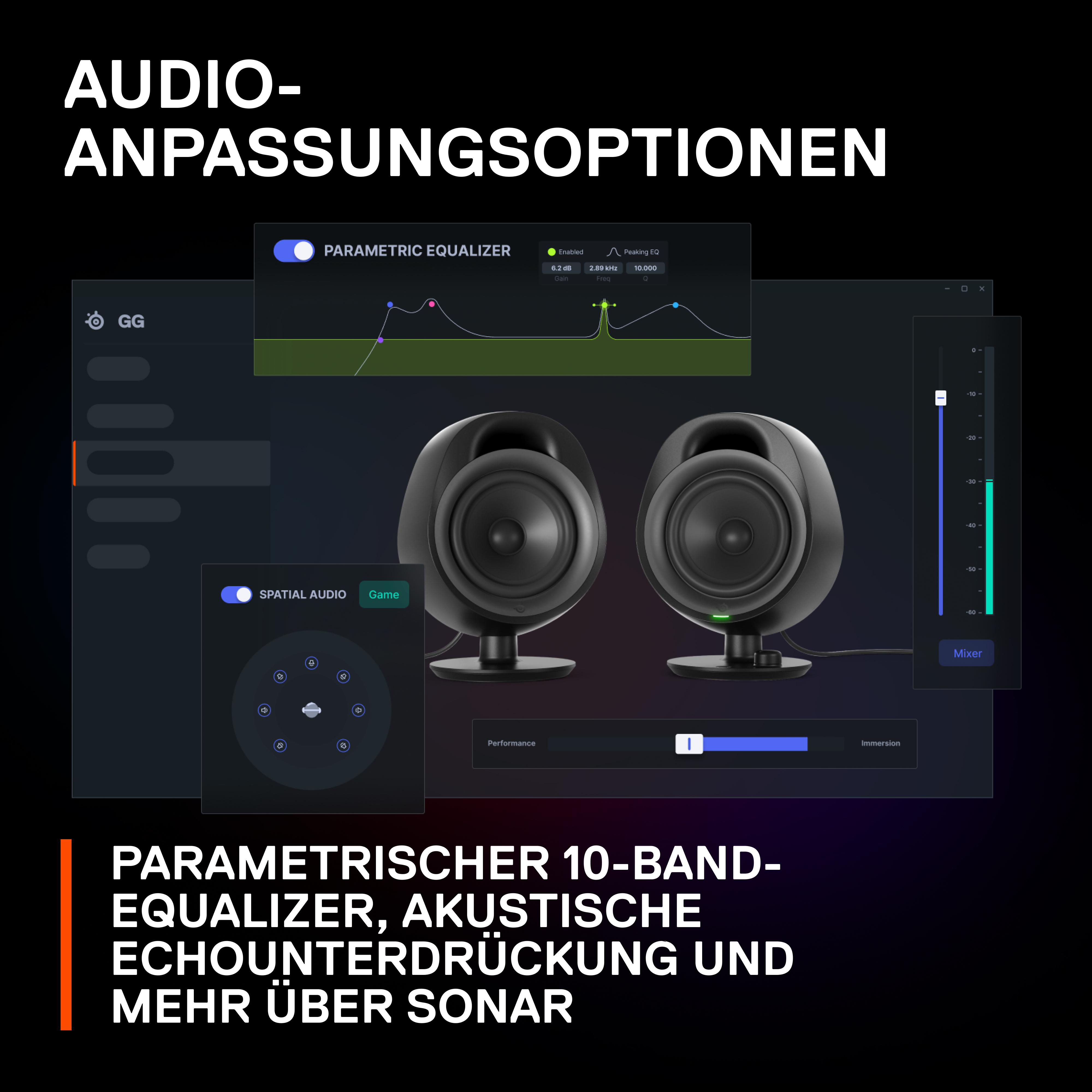 Zwei schwarze Lautsprecher mit digitalen Audio-Anpassungsoptionen auf schwarzem Hintergrund.