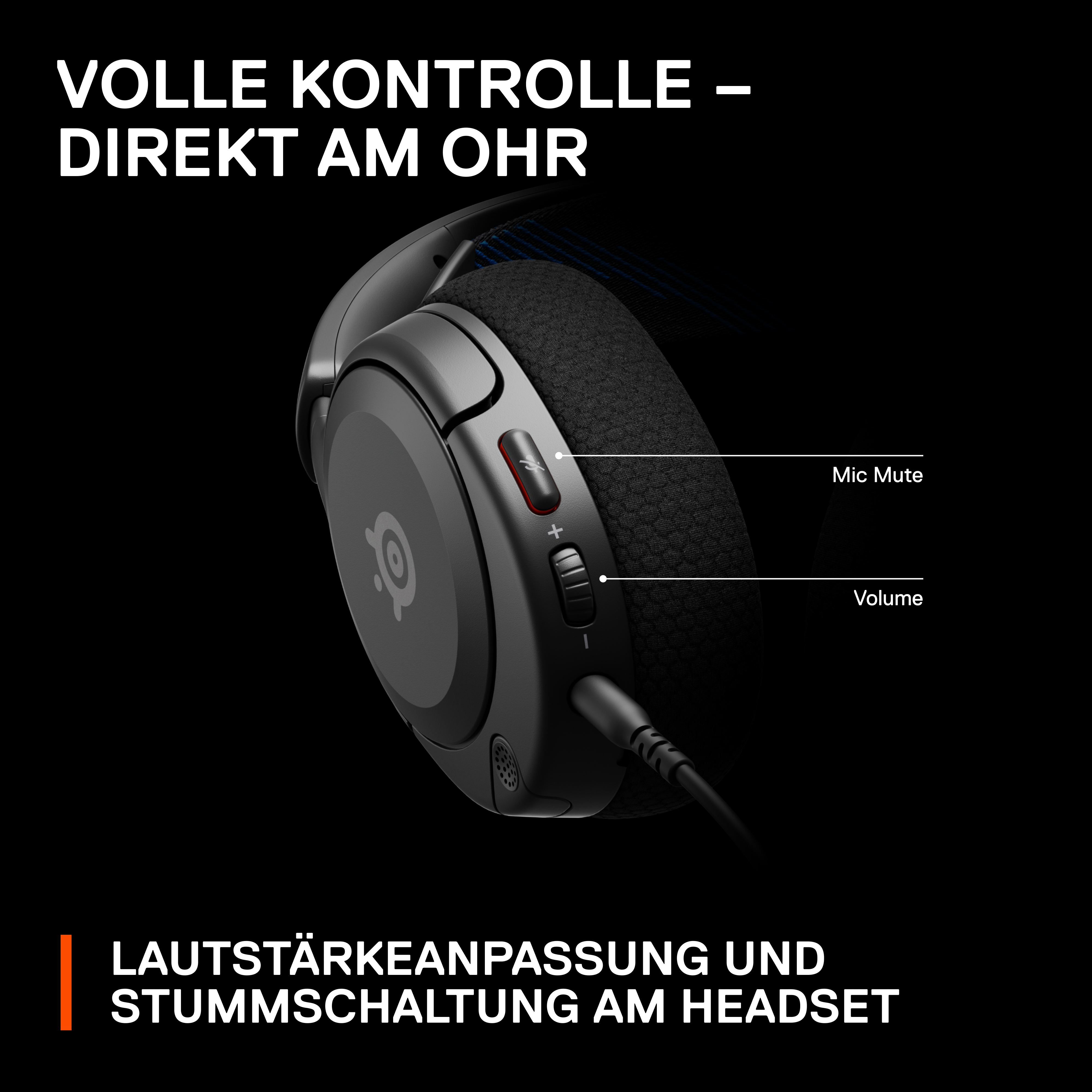 Headset mit Lautstärke- und Stummschaltung, schwarz mit weißem Text, auf schwarzem Grund.