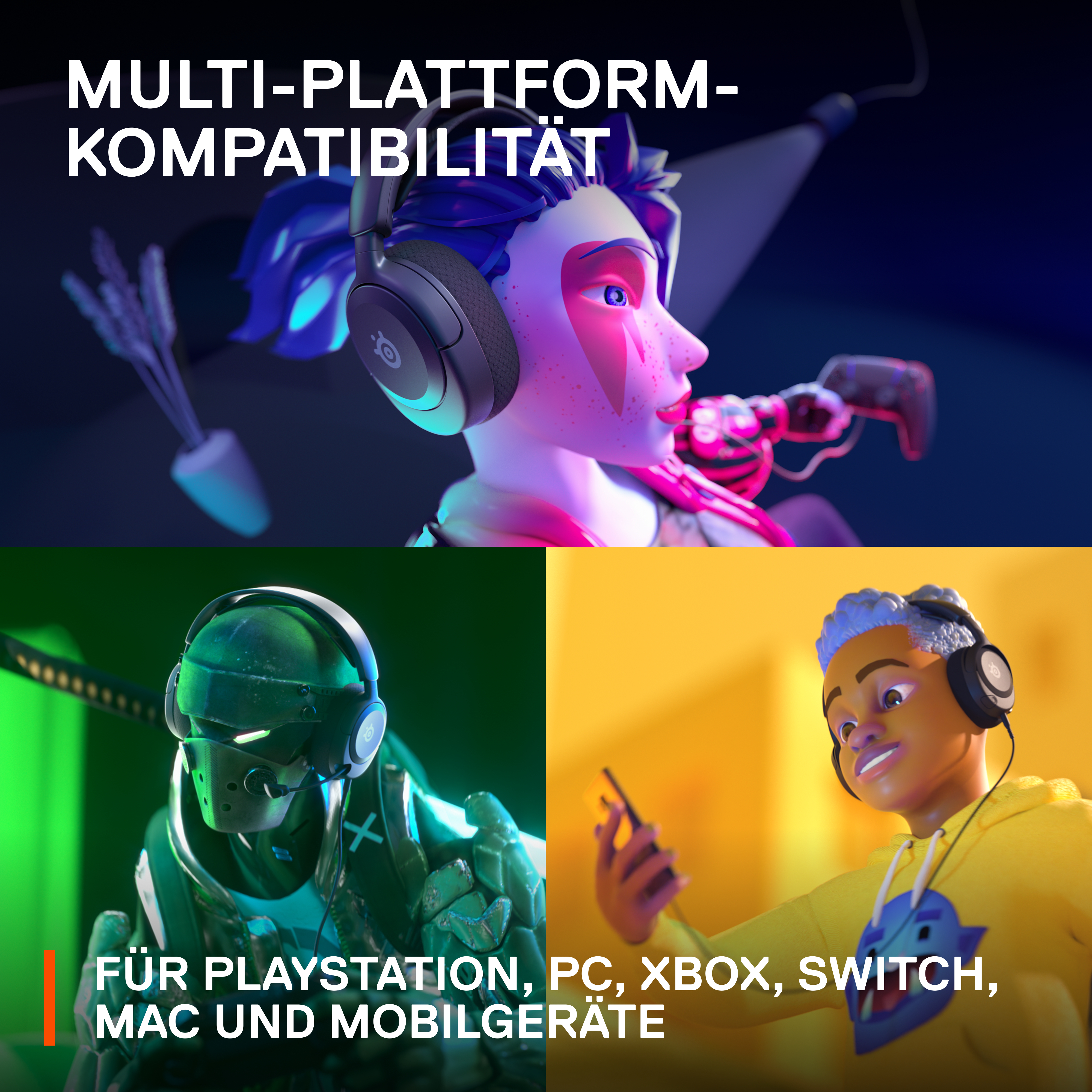 Abbildung von Figuren mit Kopfhörern, die Multi-Plattform-Kompatibilität für Spiele bewerben.