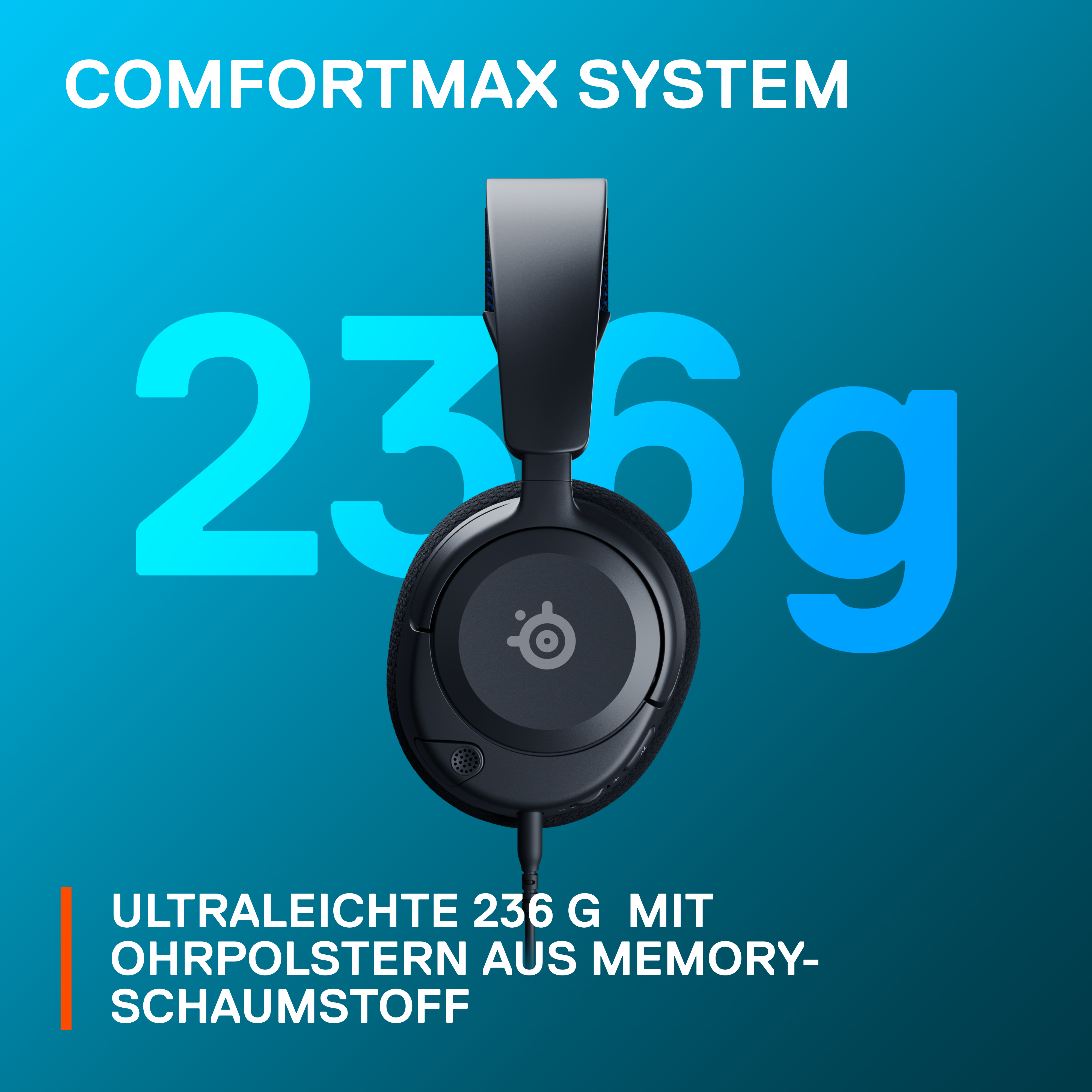 Schwarze Kopfhörer mit Kabel, Gewicht: 236g. Blauer Hintergrund mit weißem Text.