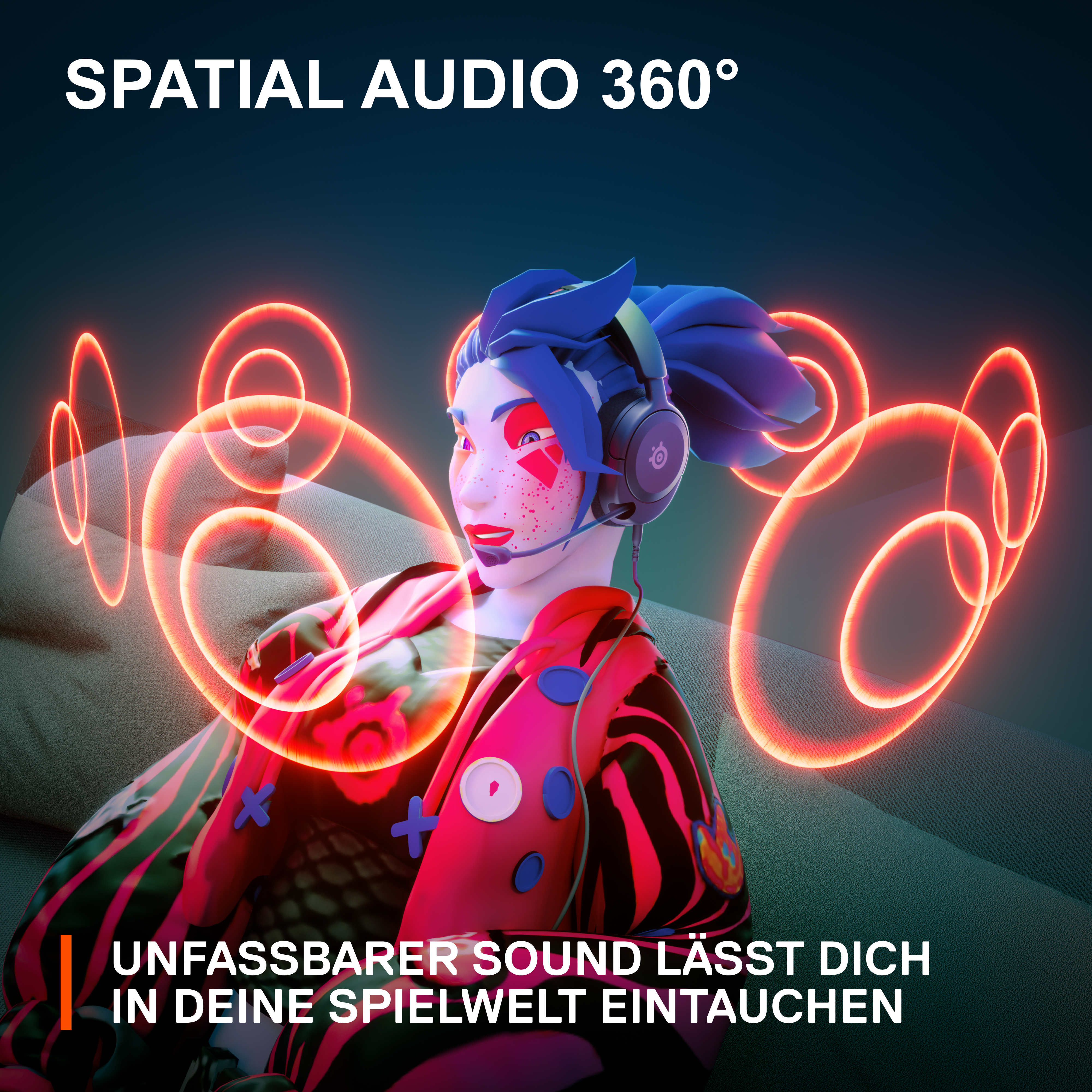 Eine Person mit Kopfhörern, mit Schallwellen-Grafiken. Text: 'SPATIAL AUDIO 360°'.