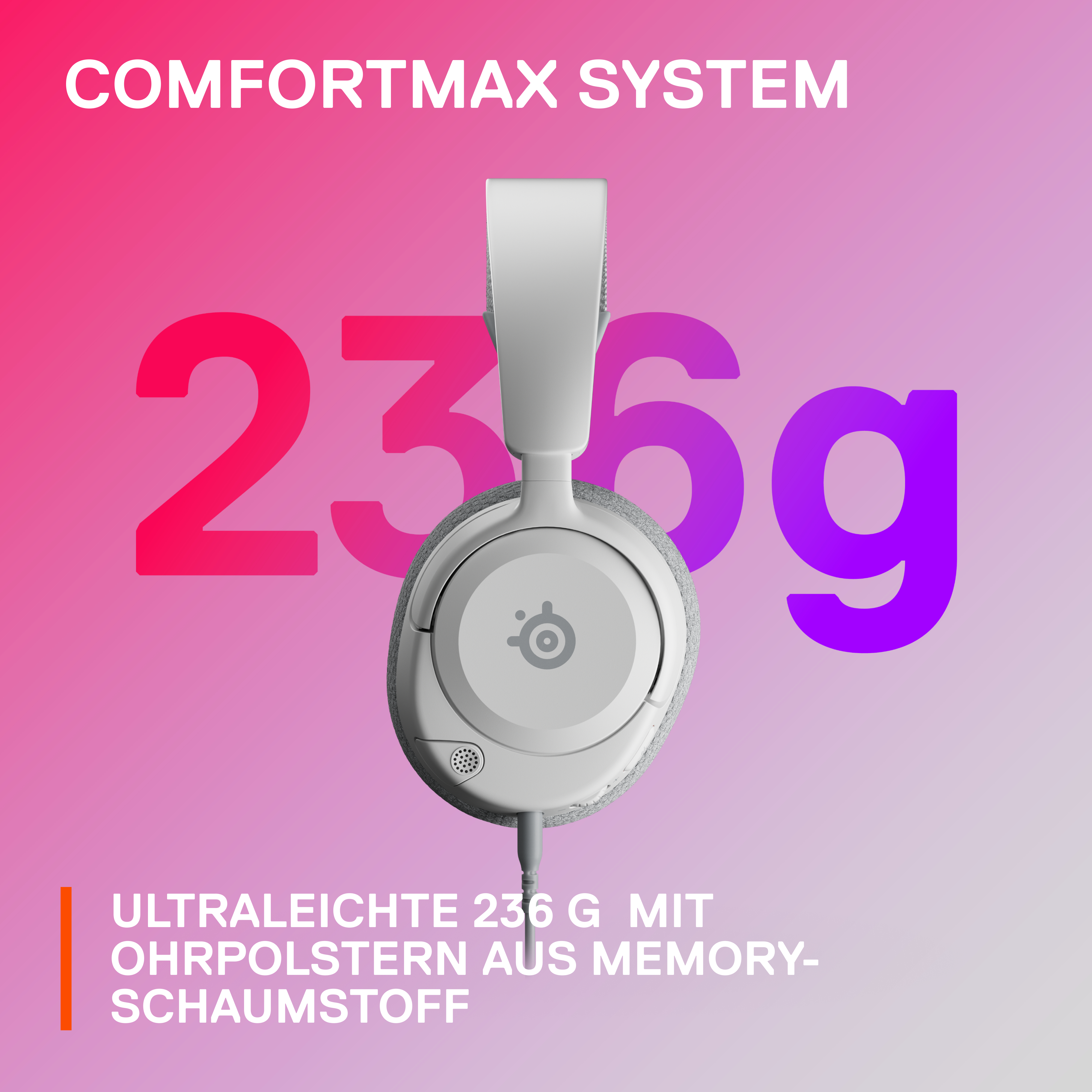 Weißes Headset auf einem pink-lila Farbverlauf Hintergrund. Gewicht: 236g.