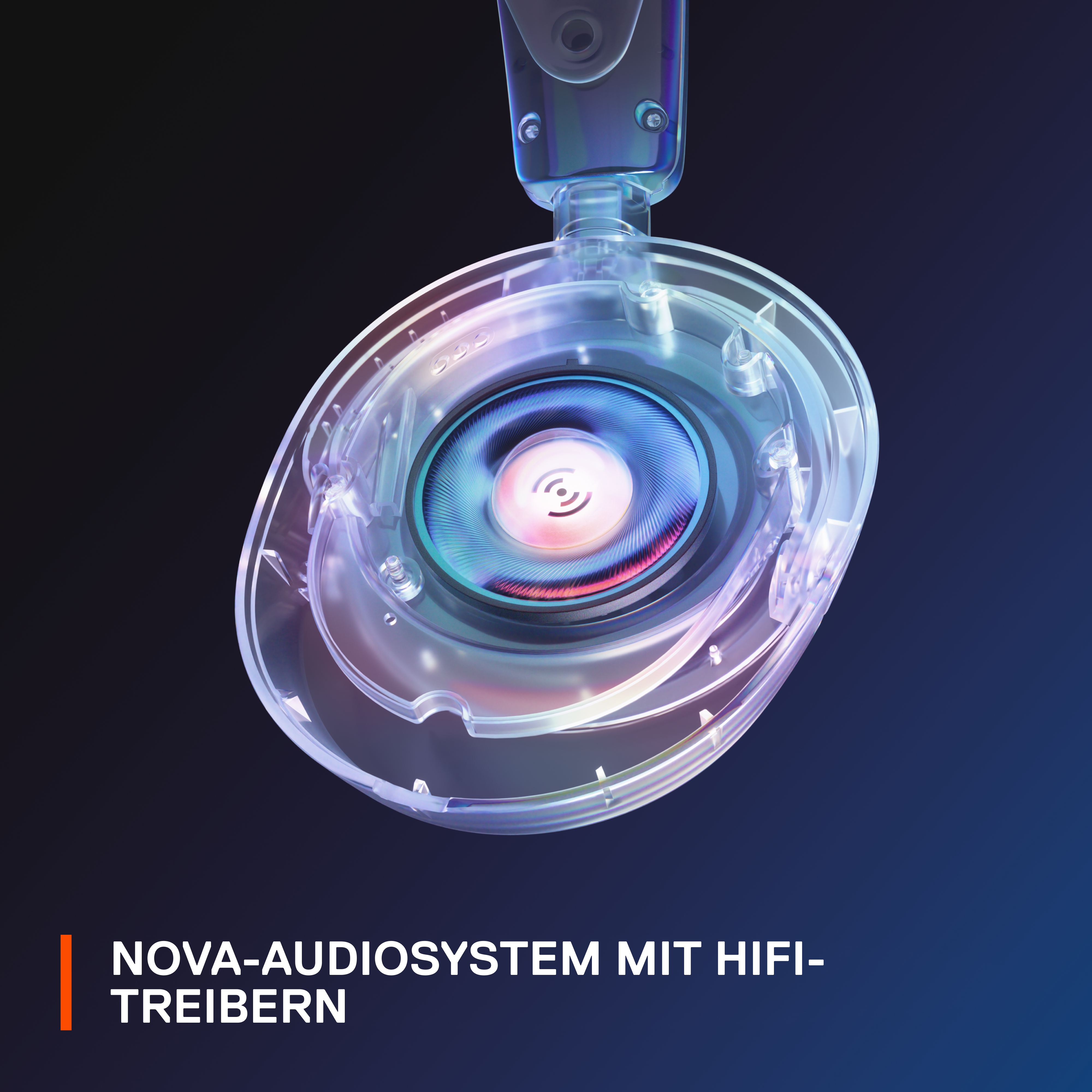 Transparenter Kopfhörer mit sichtbarem Lautsprecher und Text: NOVA-AUDIOSYSTEM MIT HIFI-TREIBERN.