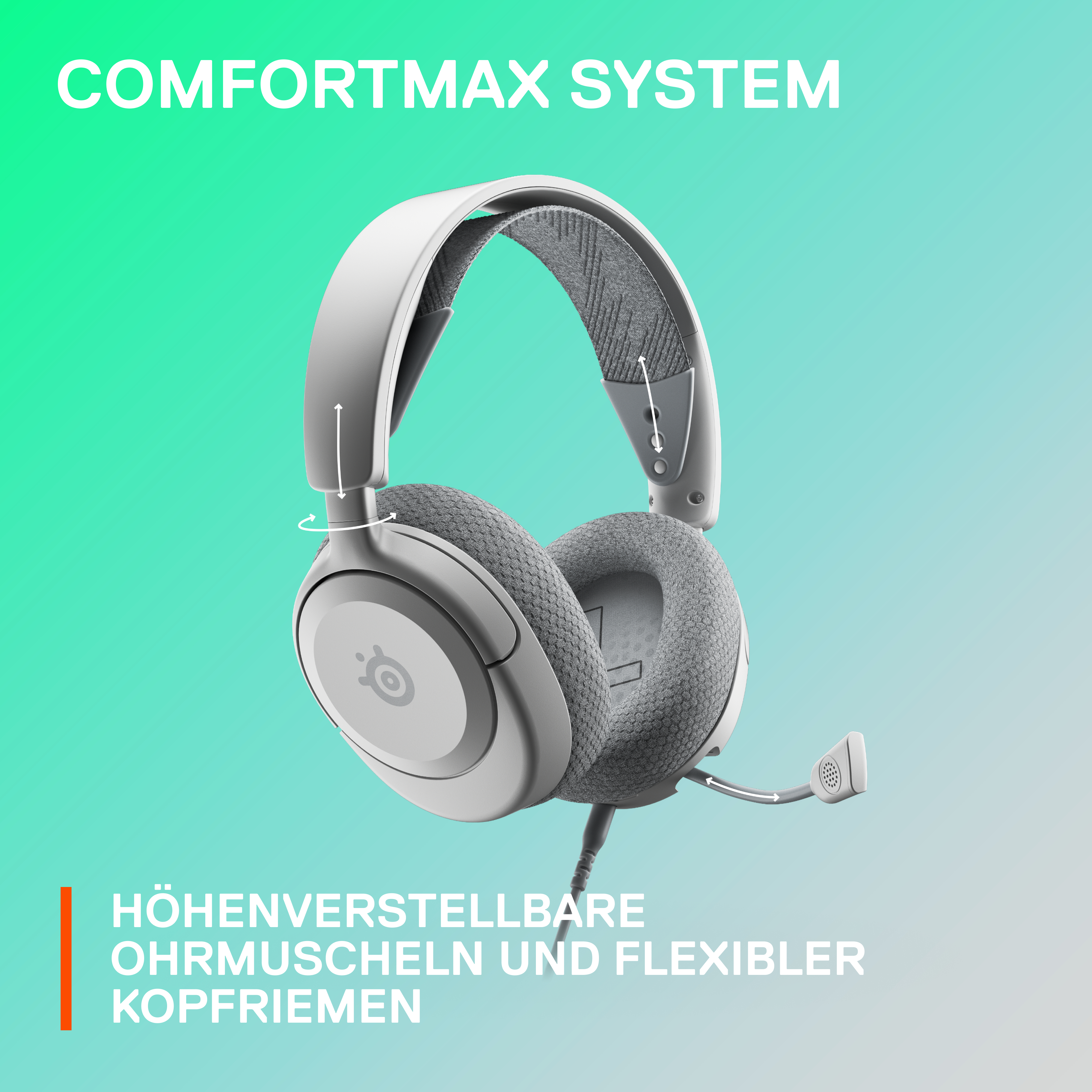 Weißes Headset mit Mikrofon, graue Ohrpolster. Text: COMFORTMAX SYSTEM.