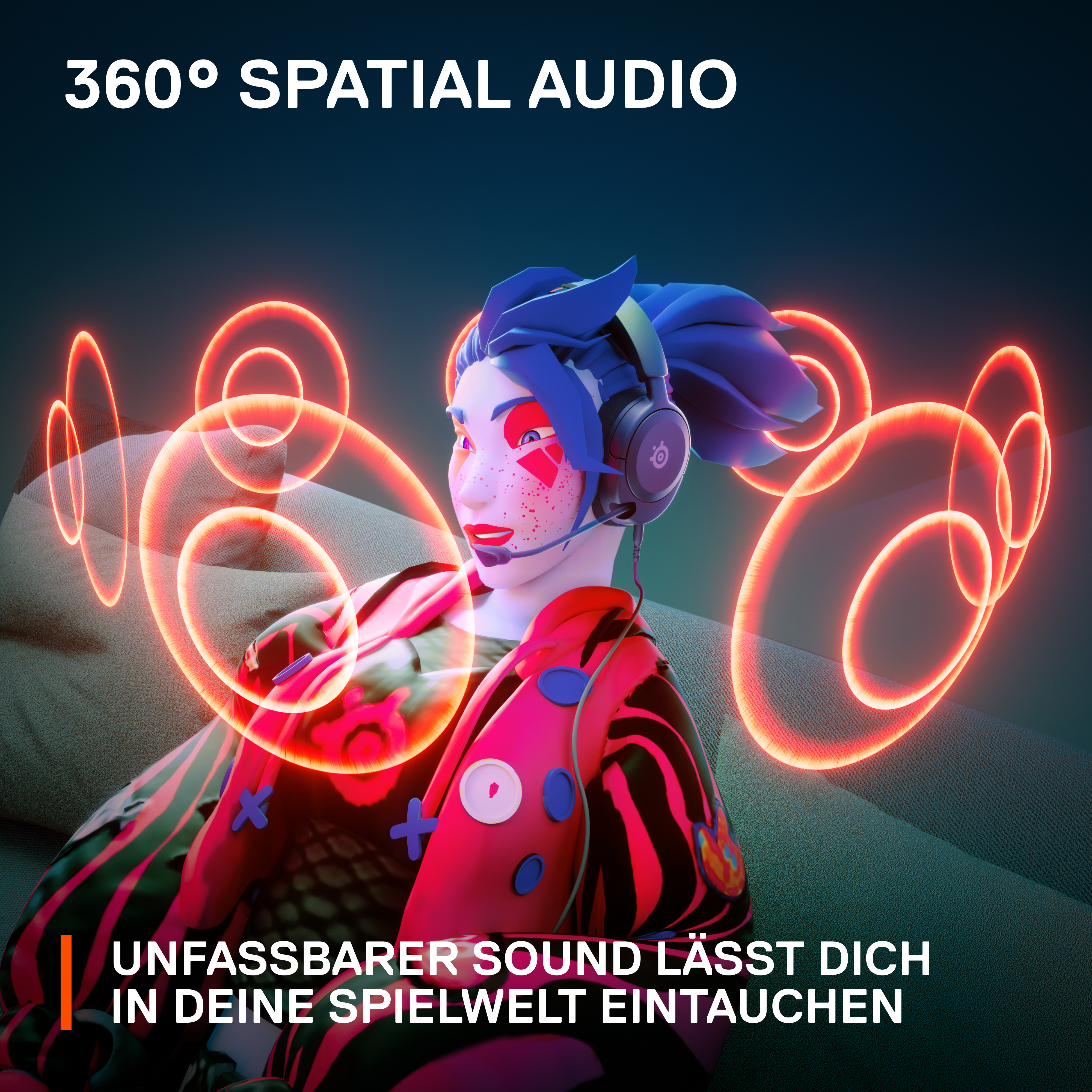 Eine Person mit Headset, umgeben von glühenden, orangefarbenen Schallwellen.