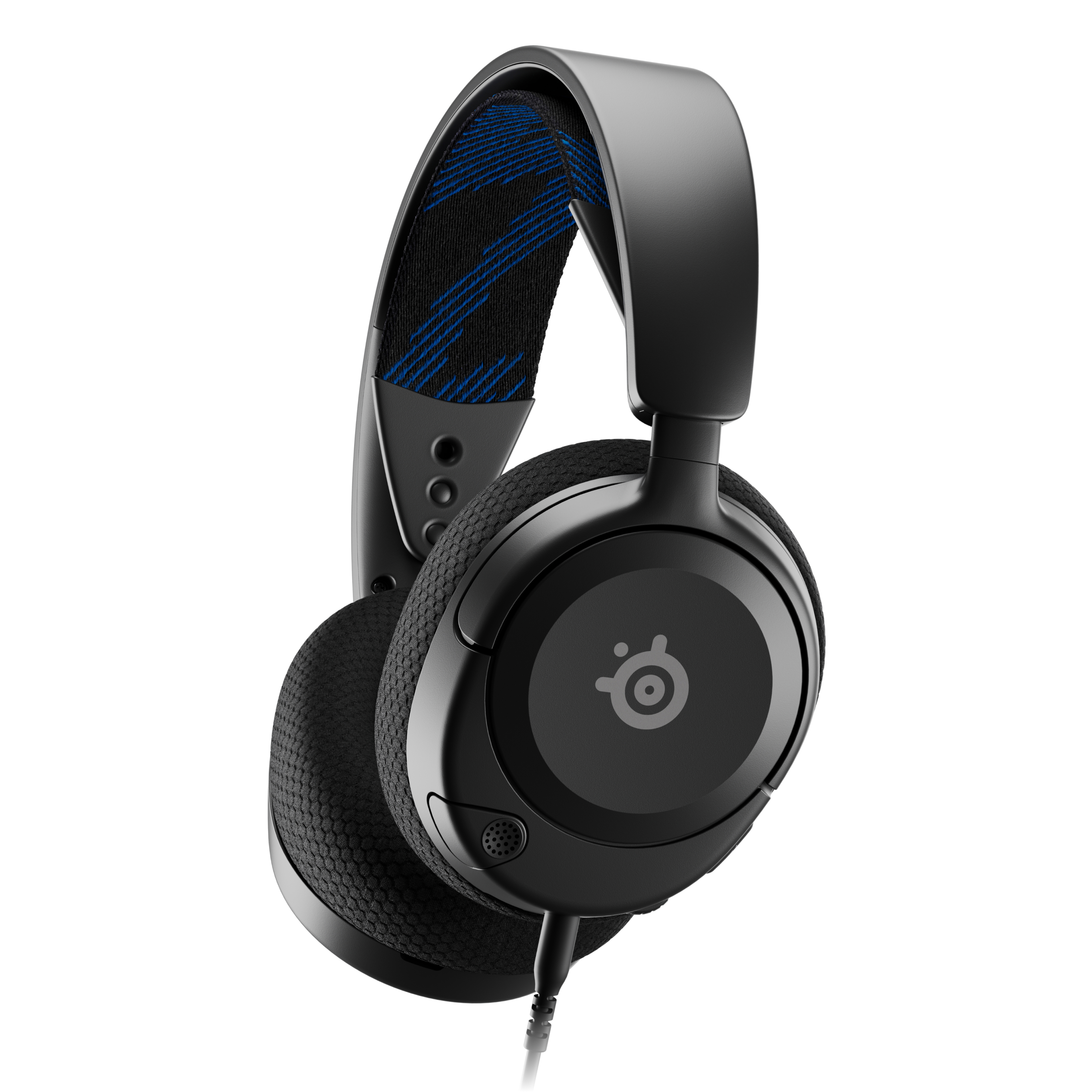 Schwarzes Gaming-Headset mit Ohrmuscheln und gepolstertem Stirnband mit blauen Akzenten.