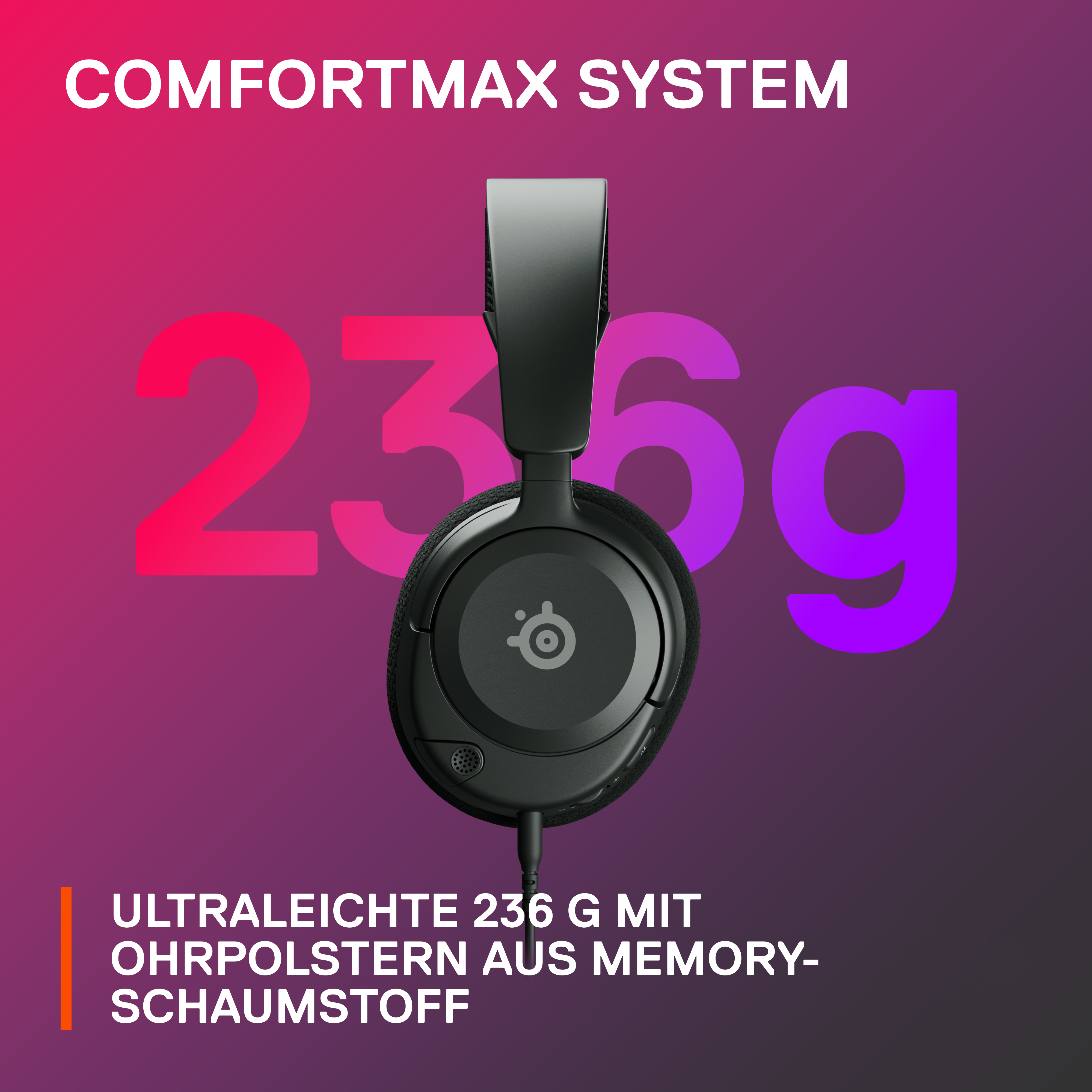 Schwarze Kopfhörer, 236 g, auf violettem Hintergrund.
