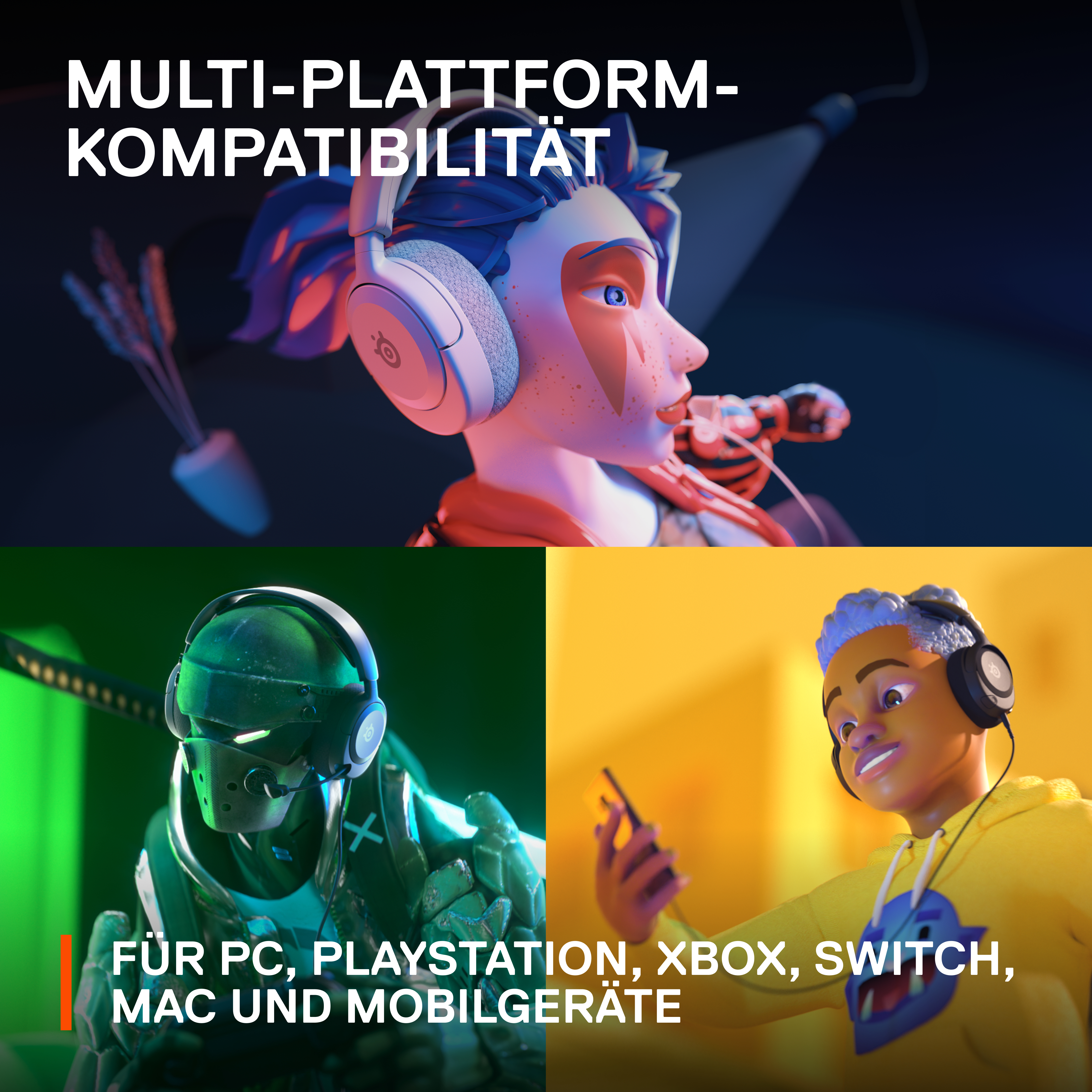Animierte Figuren mit Kopfhörern. Text: Multi-Plattform-Kompatibilität, für PC, PlayStation, Xbox, Switch, Mac.