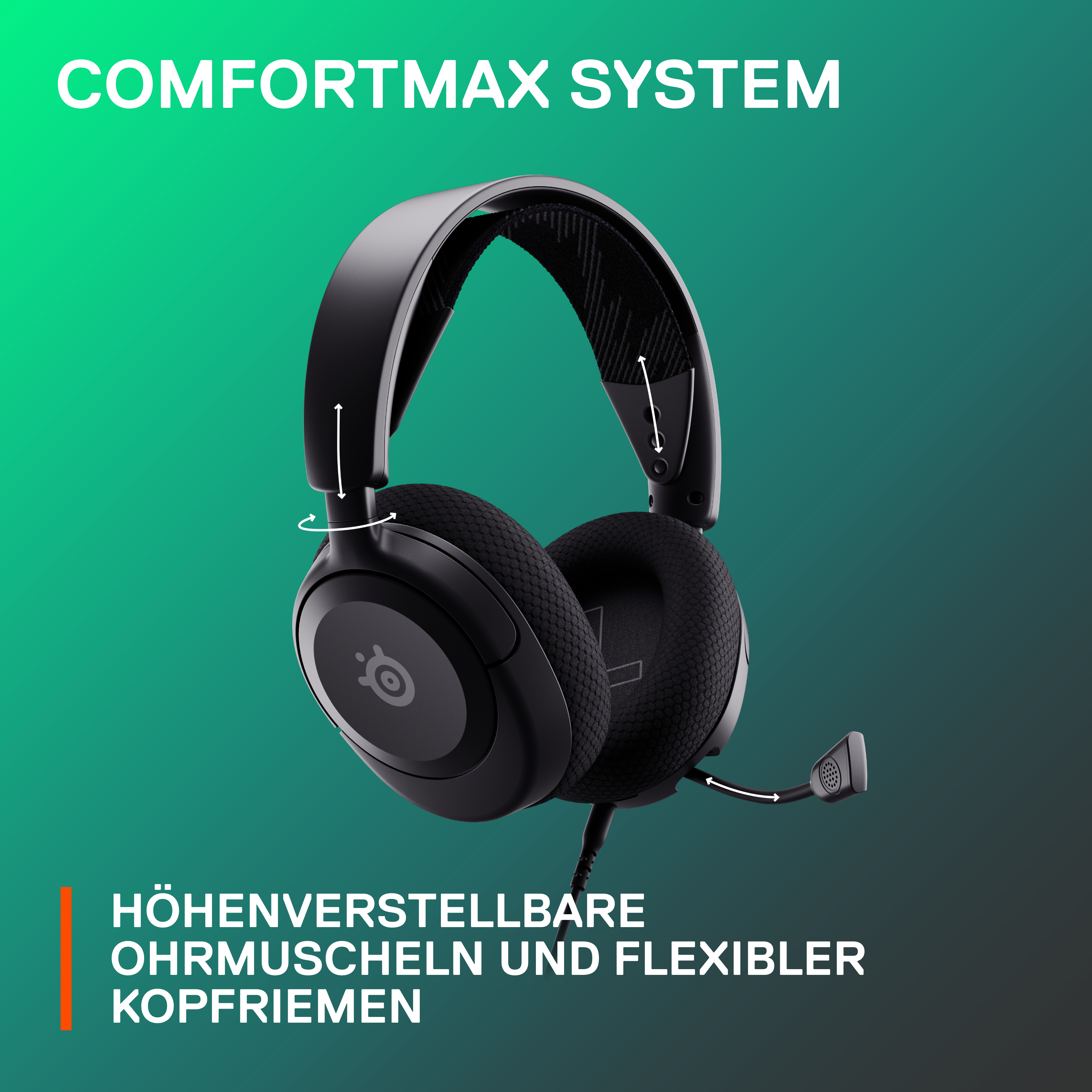 Schwarzes Headset mit Mikrofon. Text oben und unten, grüner Hintergrund.