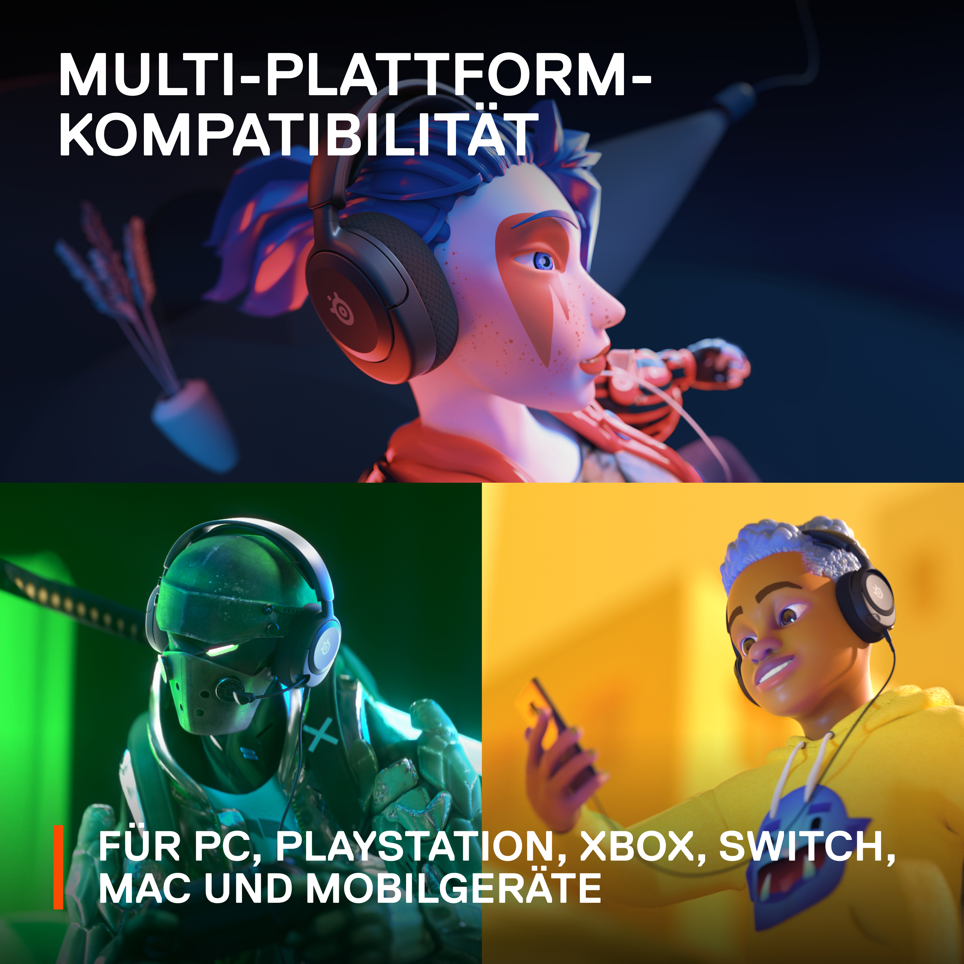 Drei animierte Figuren mit Headsets. Text: Multi-Plattform-Kompatibilität.