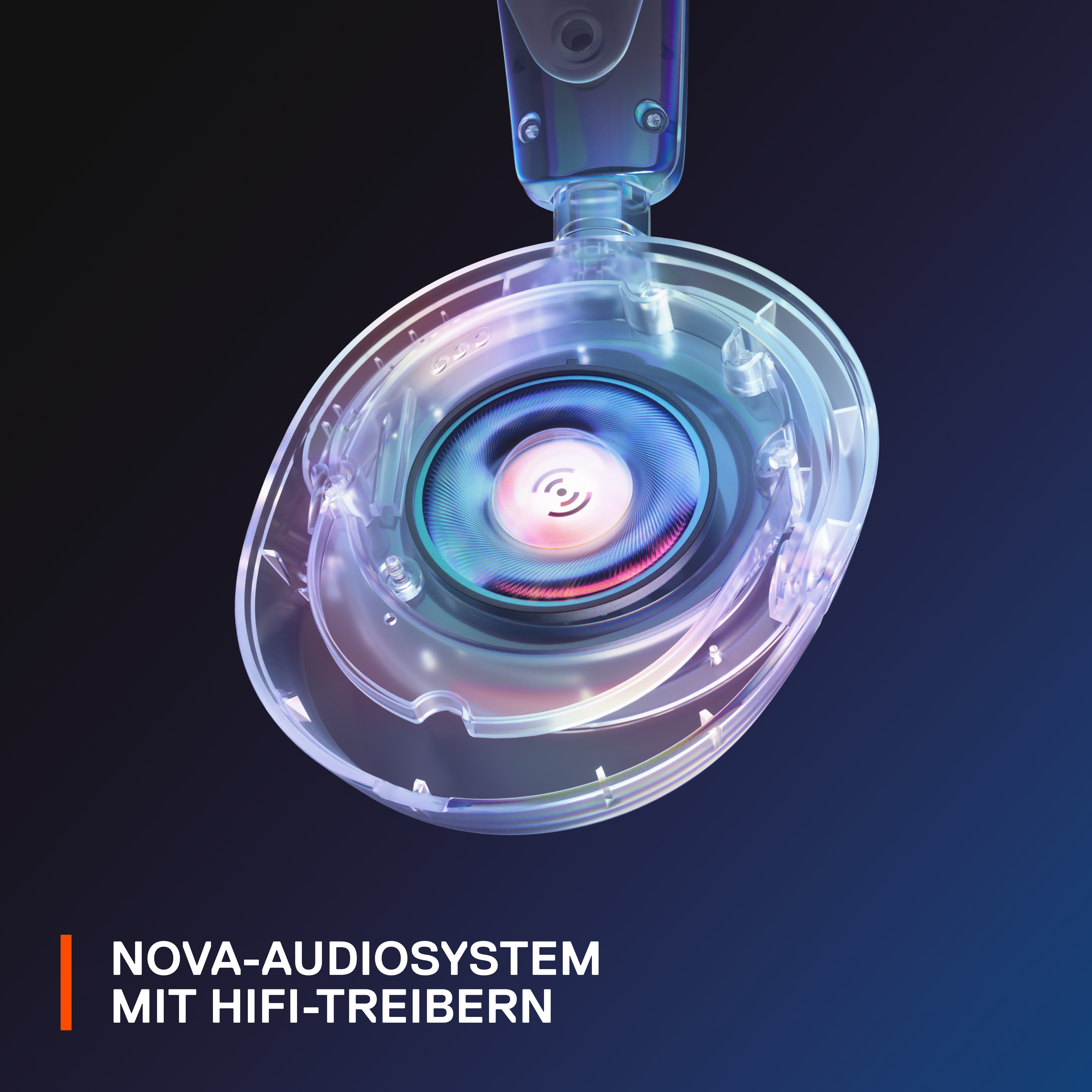 Transparenter Kopfhörer mit sichtbarem Innenlautsprecher. Die inneren Teile des Lautsprechers sind zu sehen.