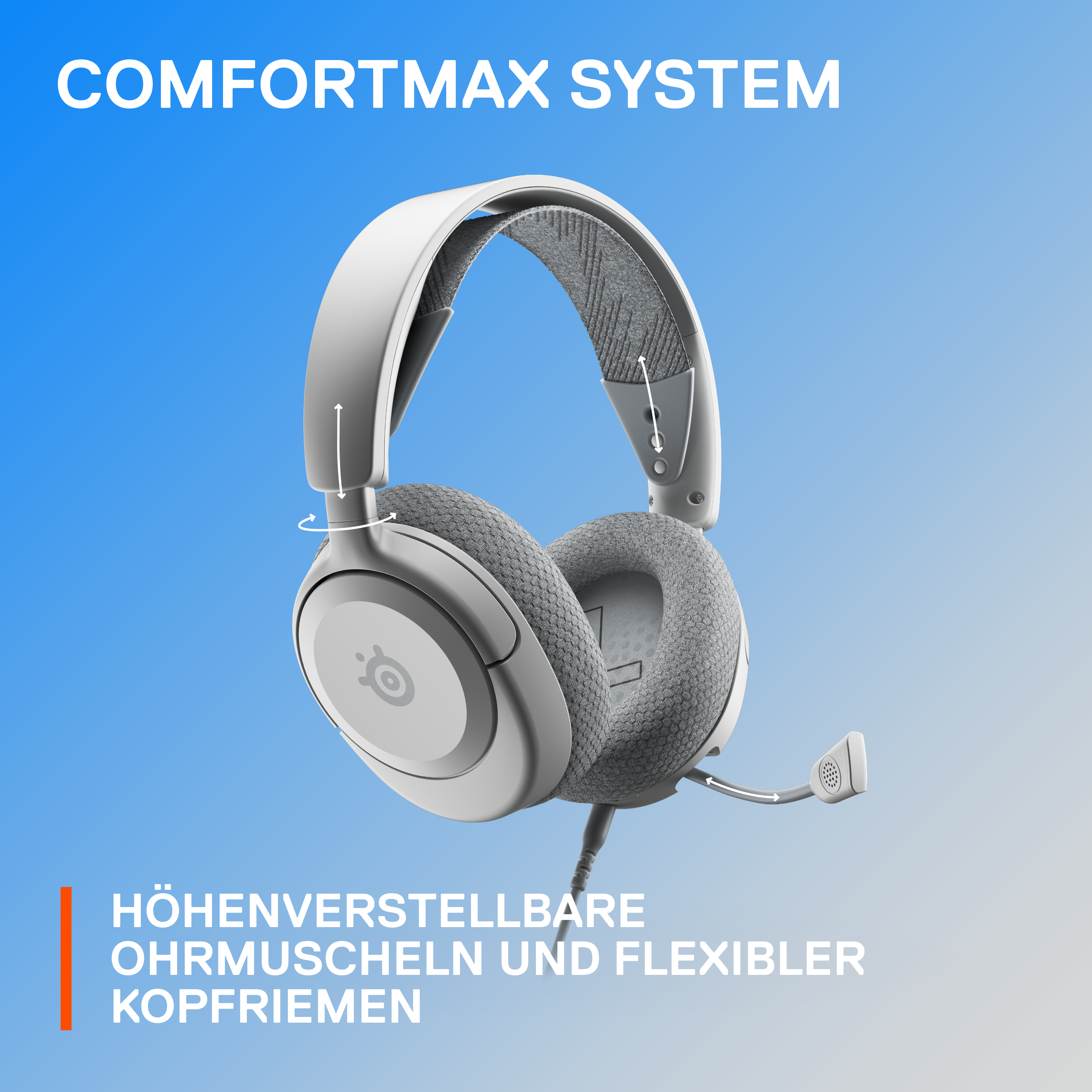 Weißes Headset mit ComfortMax-System. Text oben: ComfortMax-System. Text unten: verstellbare Ohrmuscheln.