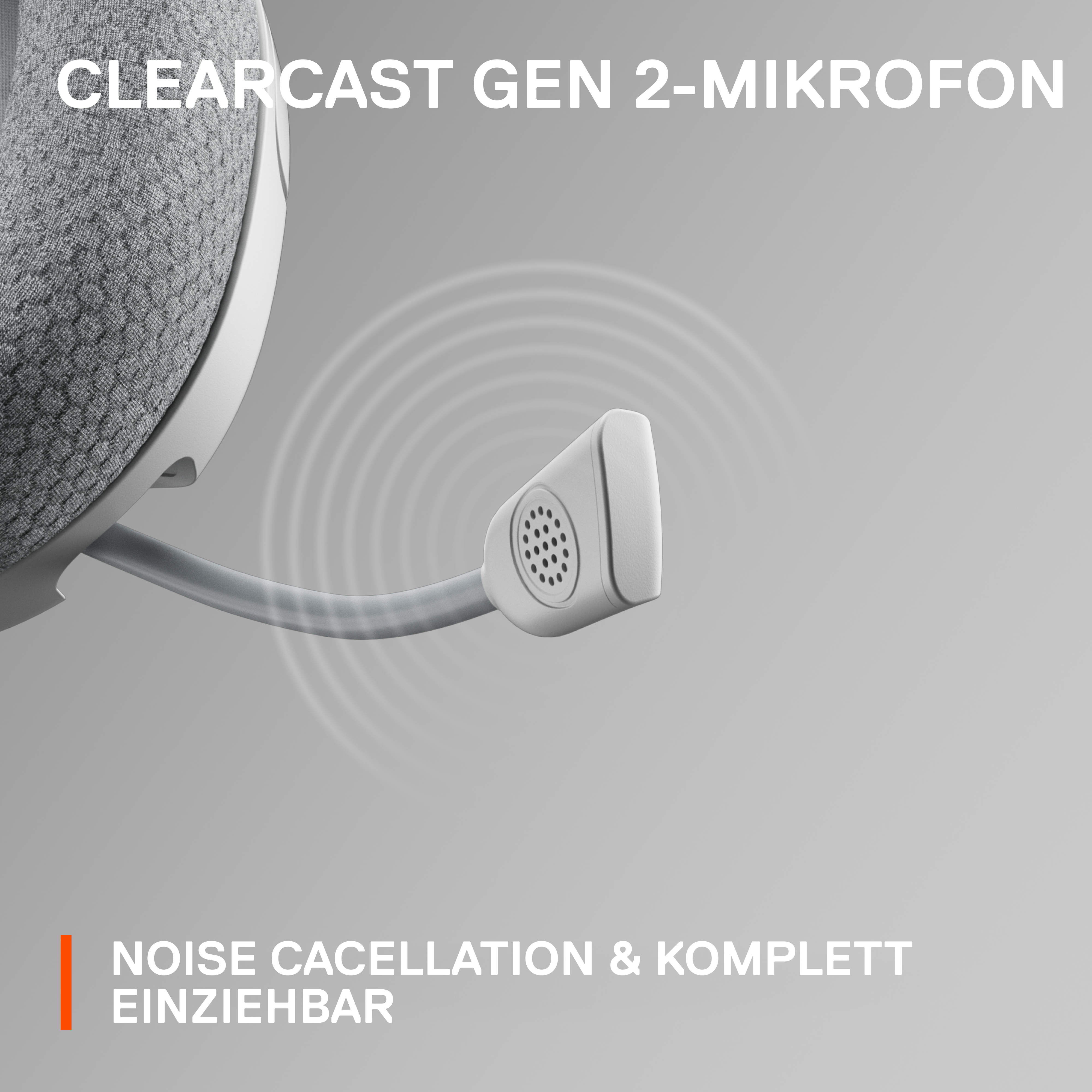 Weißes Headset mit Mikrofon, auf dem der Text 'CLEARCAST GEN 2-MIKROFON' steht.