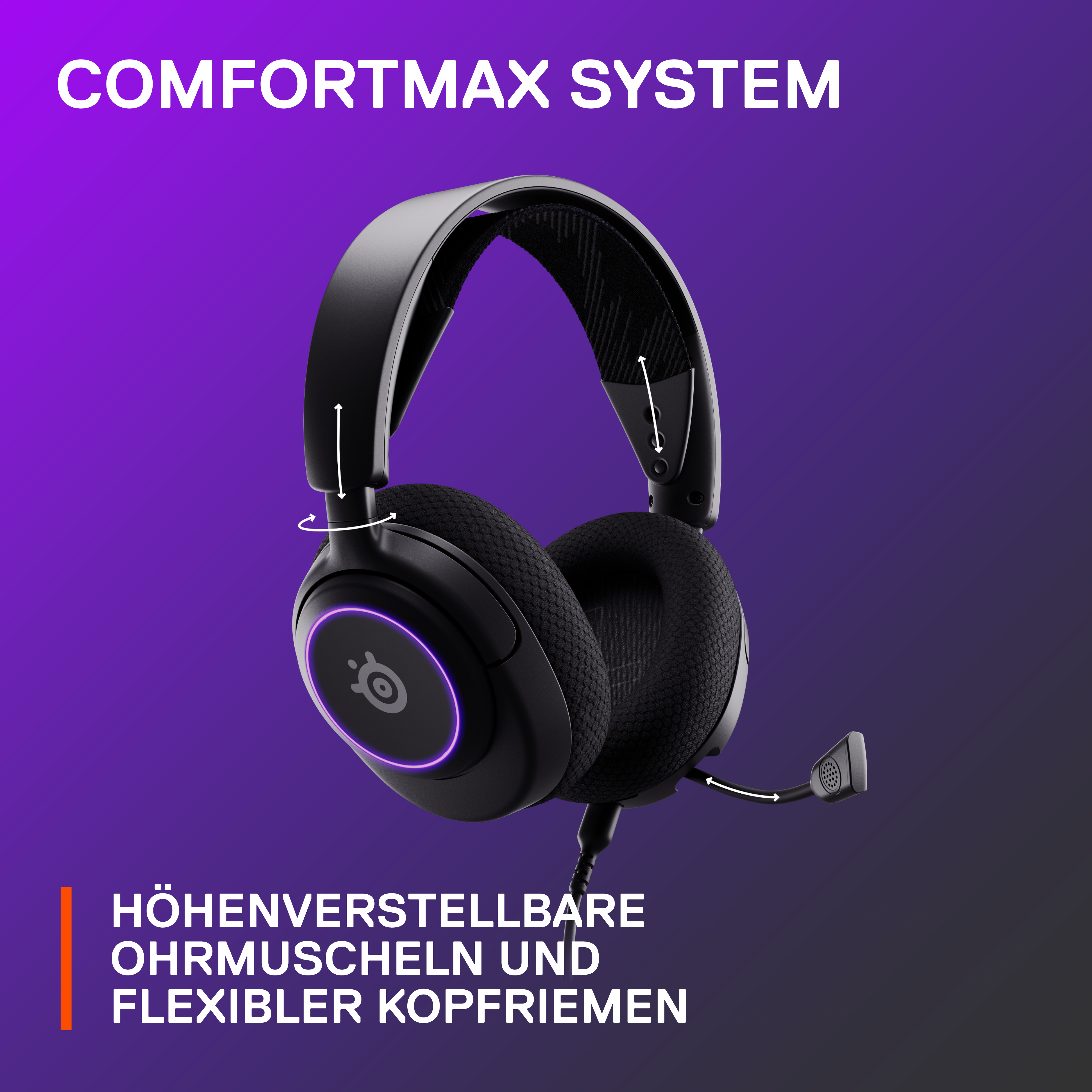 Schwarzes Gaming-Headset mit Mikrofon, lila Akzenten und verstellbaren Ohrmuscheln.