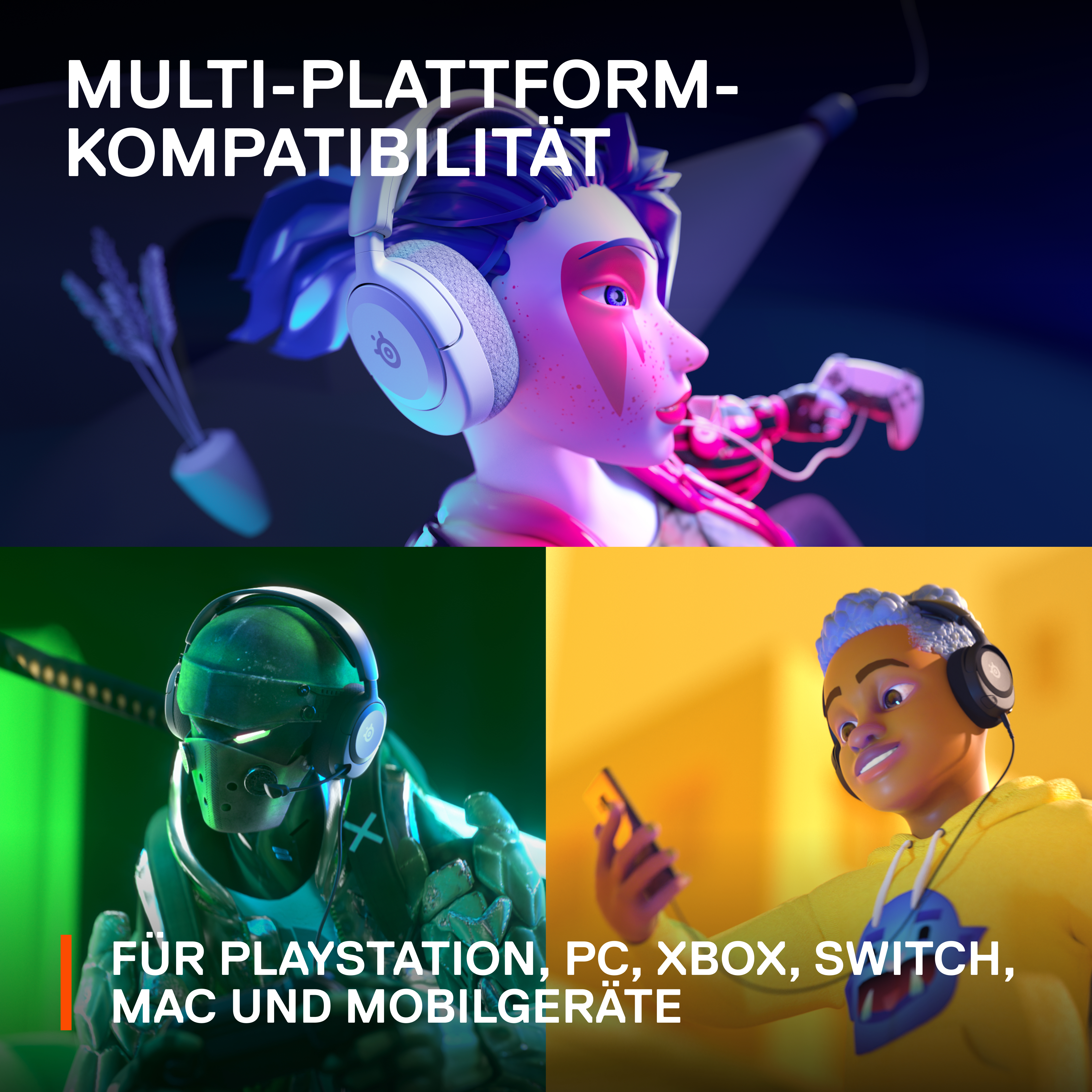 Drei Bilder zeigen Gamer mit Headsets, PC-, Xbox-, Switch-, Mac- und Mobilkompatibilität.