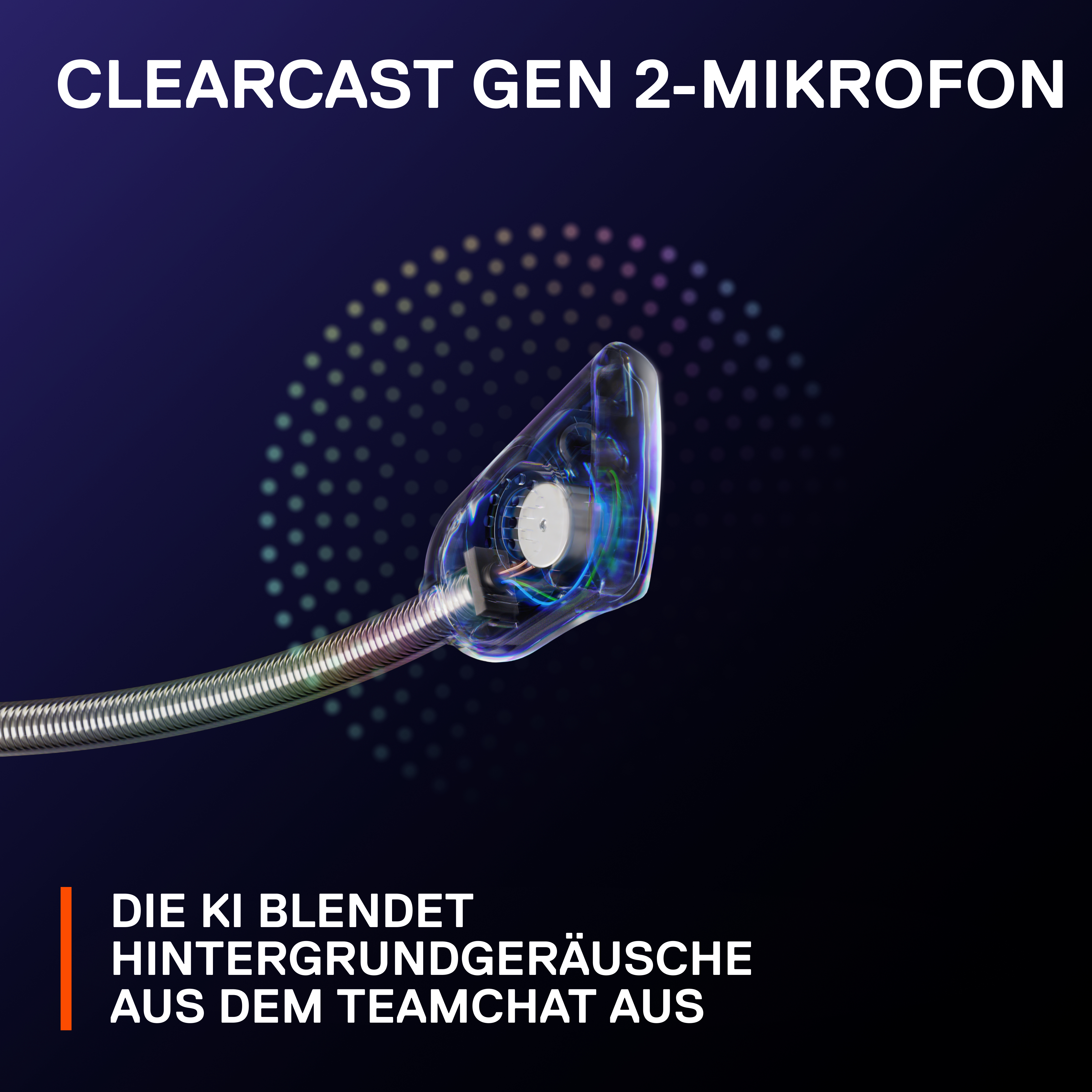 Nahaufnahme eines Mikrofons mit transparentem Gehäuse und flexiblem Arm.