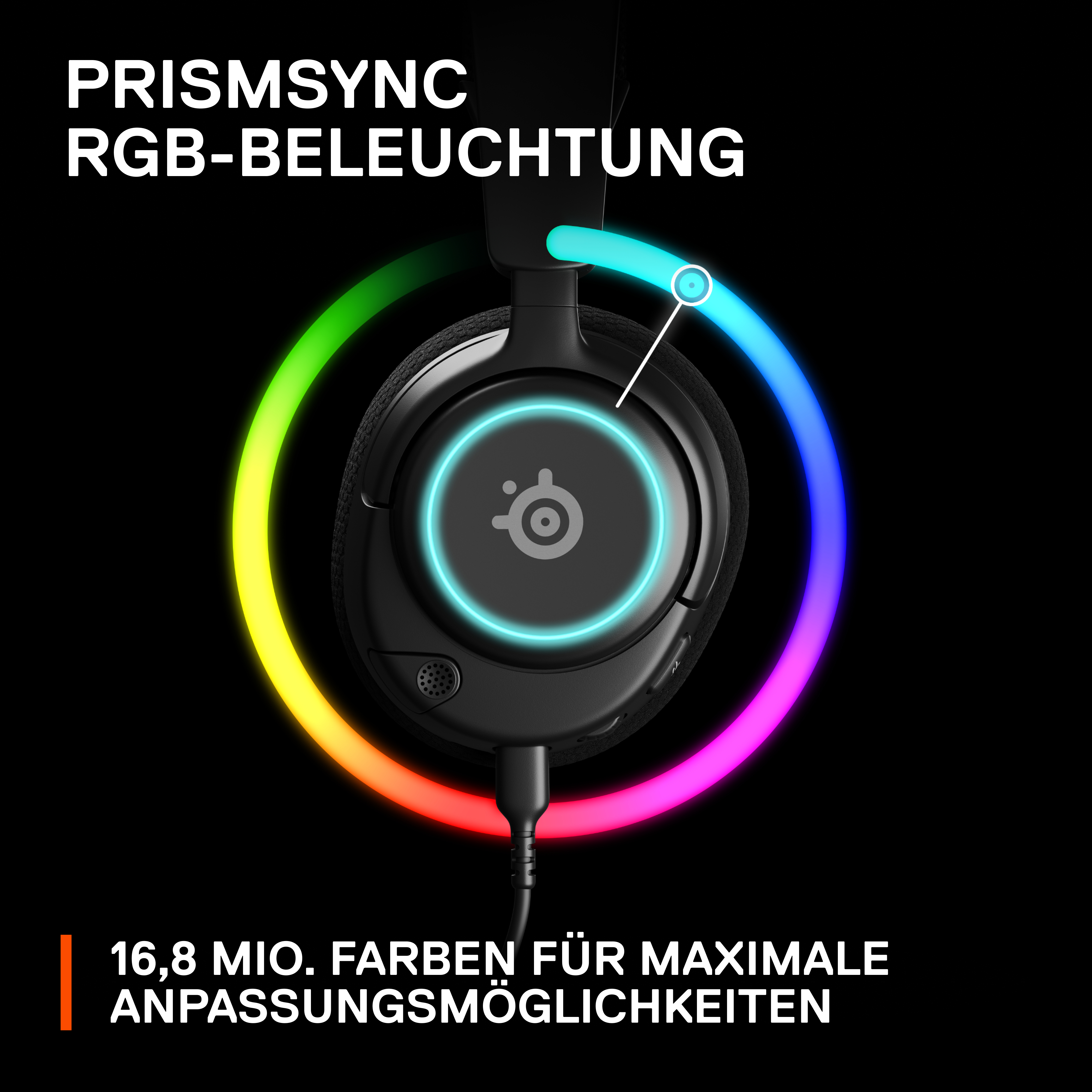 Schwarzes Gaming-Headset mit RGB-Beleuchtung. Das Headset befindet sich auf schwarzem Hintergrund und leuchtet.