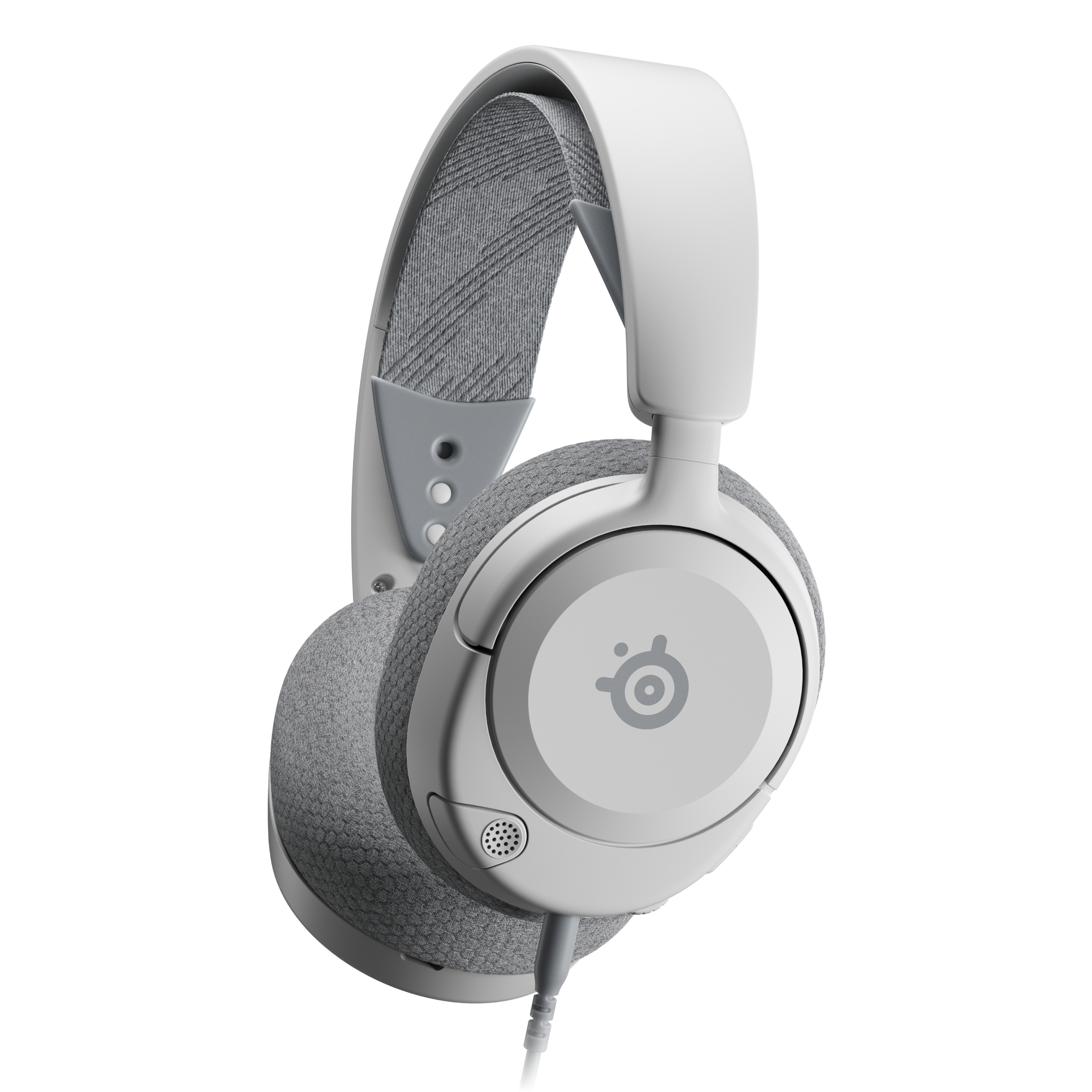 Weißes SteelSeries Headset mit grauem Kopfband und Ohrmuscheln. Ein Mikrofon ist sichtbar.
