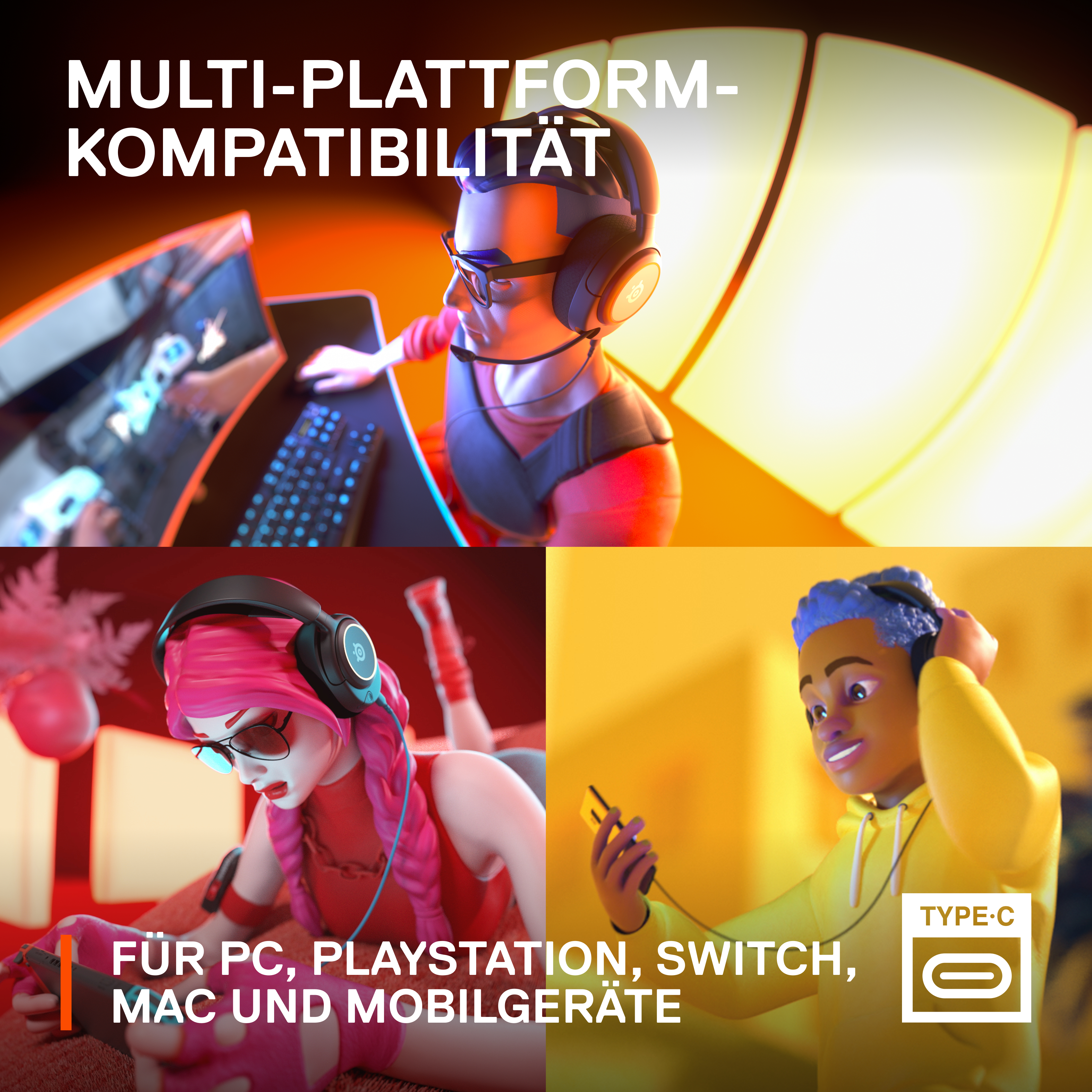 Multi-Plattform-Gaming-Setup: Charaktere mit Headsets, spielen auf PC, PlayStation, Switch und Mobile.